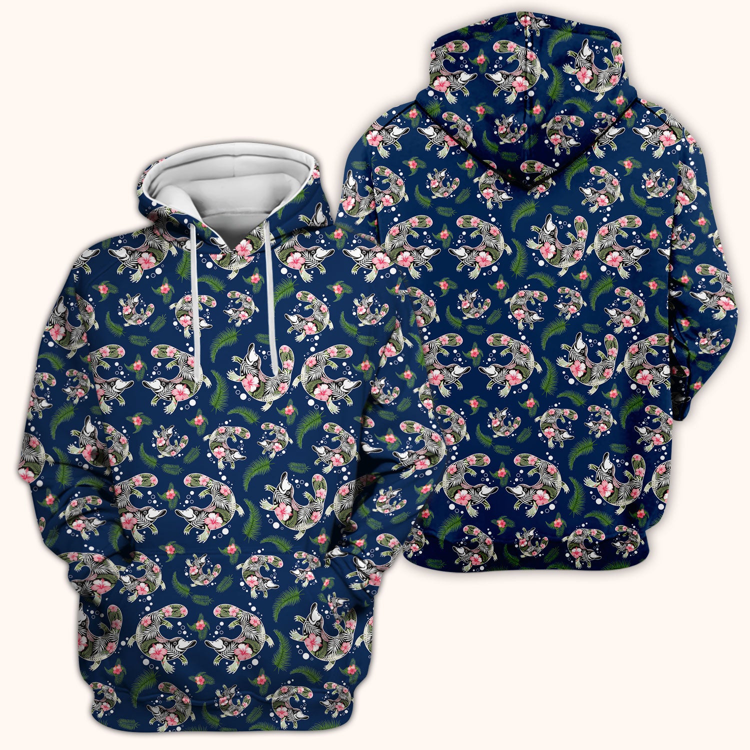 Cute Platypus Scrub Top, Tropical Floral Animal Pattern Nurse Shirt, Breathable Fabrics Nursing Uniform