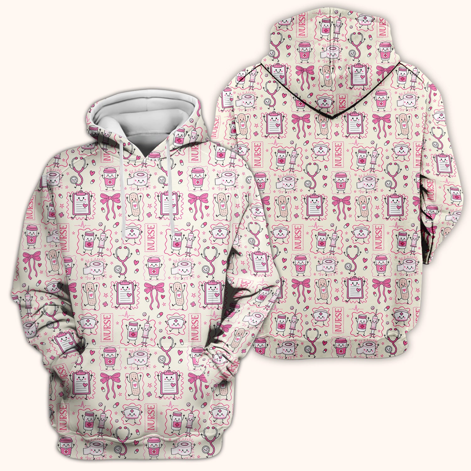 Cute Nurse Doodle with Bandage & Coffee Icons Scrub Top, Comfortable Scrubs for Nurses