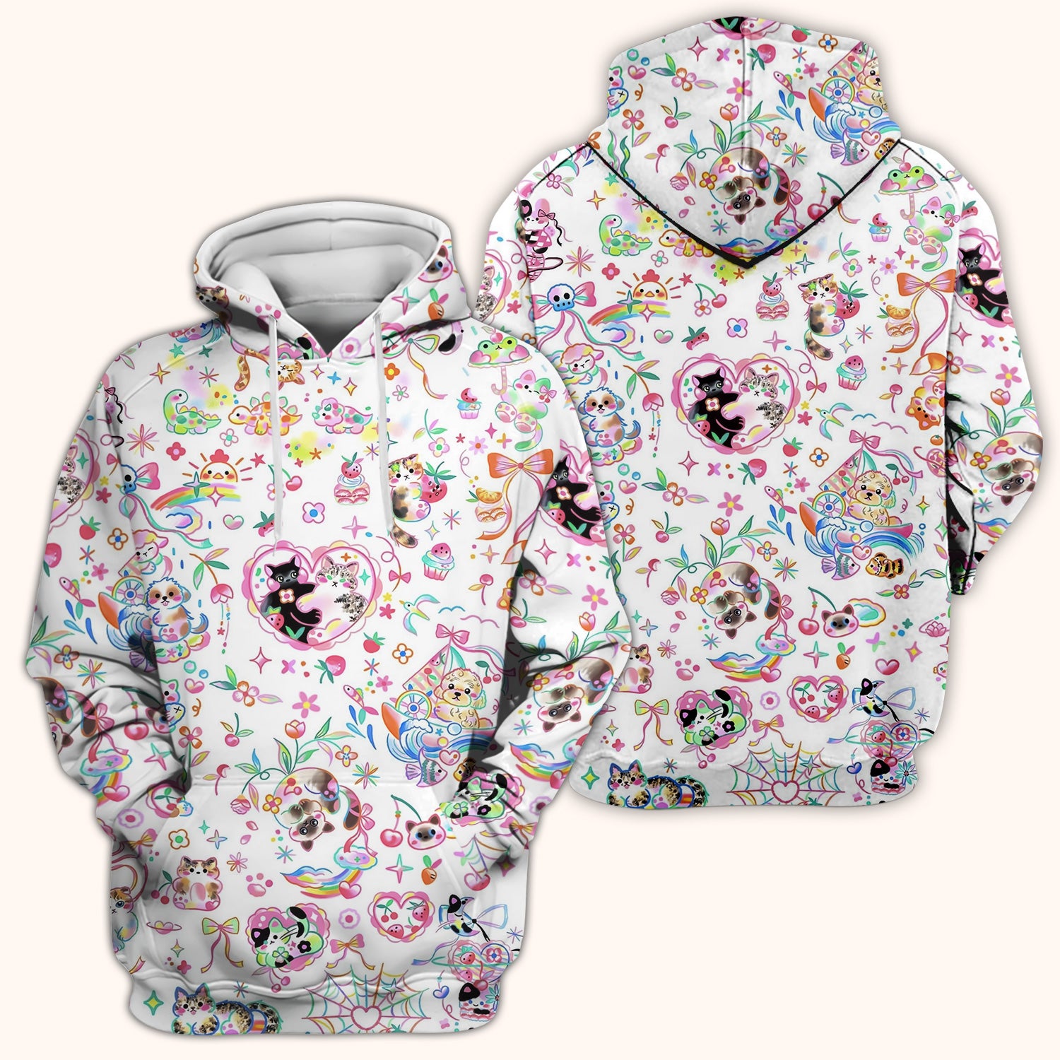Cute Kawaii Animal Rainbow Heart Pattern Scrub Top, Comfortable Scrubs for Nurses