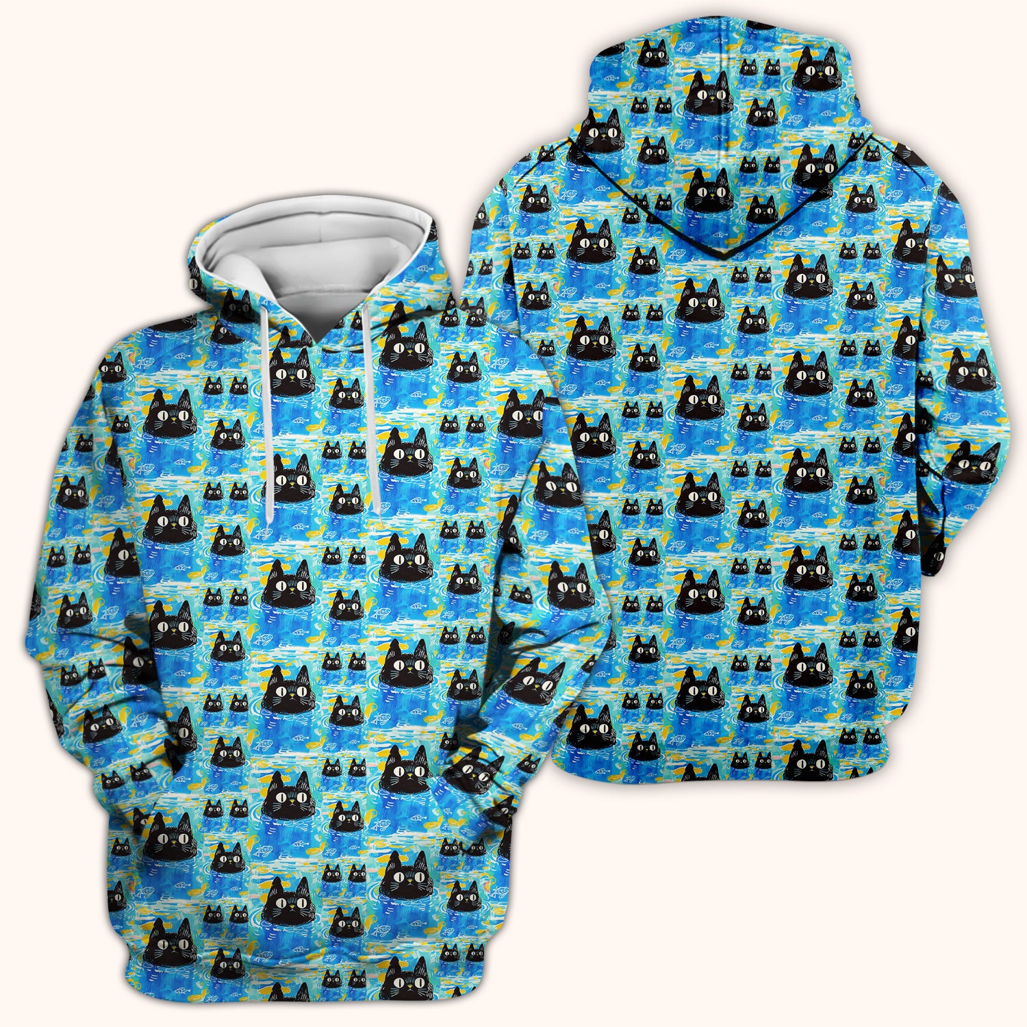 Black Cat Swimming In Blue Water Pattern Scrub Top, Comfortable Scrubs for Nurses