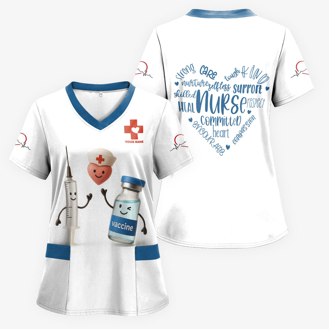 Personalized Nurse Scrub Shirt - Cute Vaccine & Syringe Design - Gift for RN LPN Healthcare Workers
