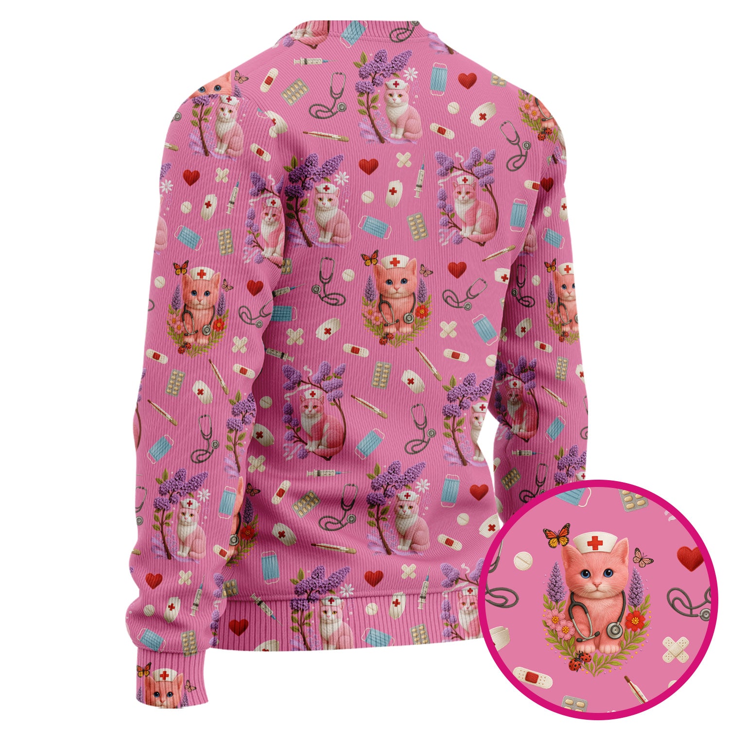 Cute Cat Pattern Nurse Scrub Set - Pink Medical Scrubs for Women - Adorable Kitty Print Gift for RN LPN CNA Healthcare Staff
