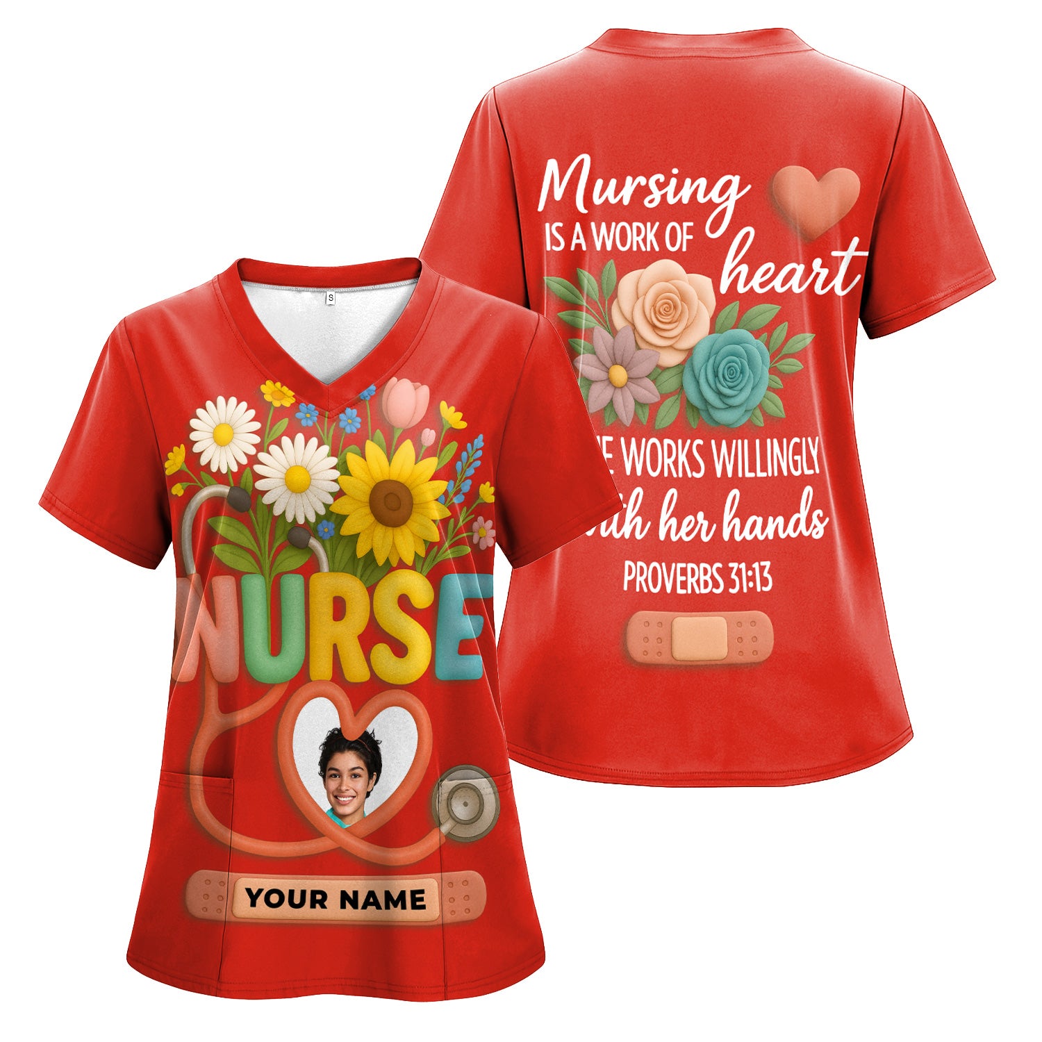 Nurse Appreciation Shirt for CNA RN LPN - Floral Heart Stethoscope Design - Custom Photo & Name Gift for Women Healthcare Workers - Multiple Shirt Colors Available