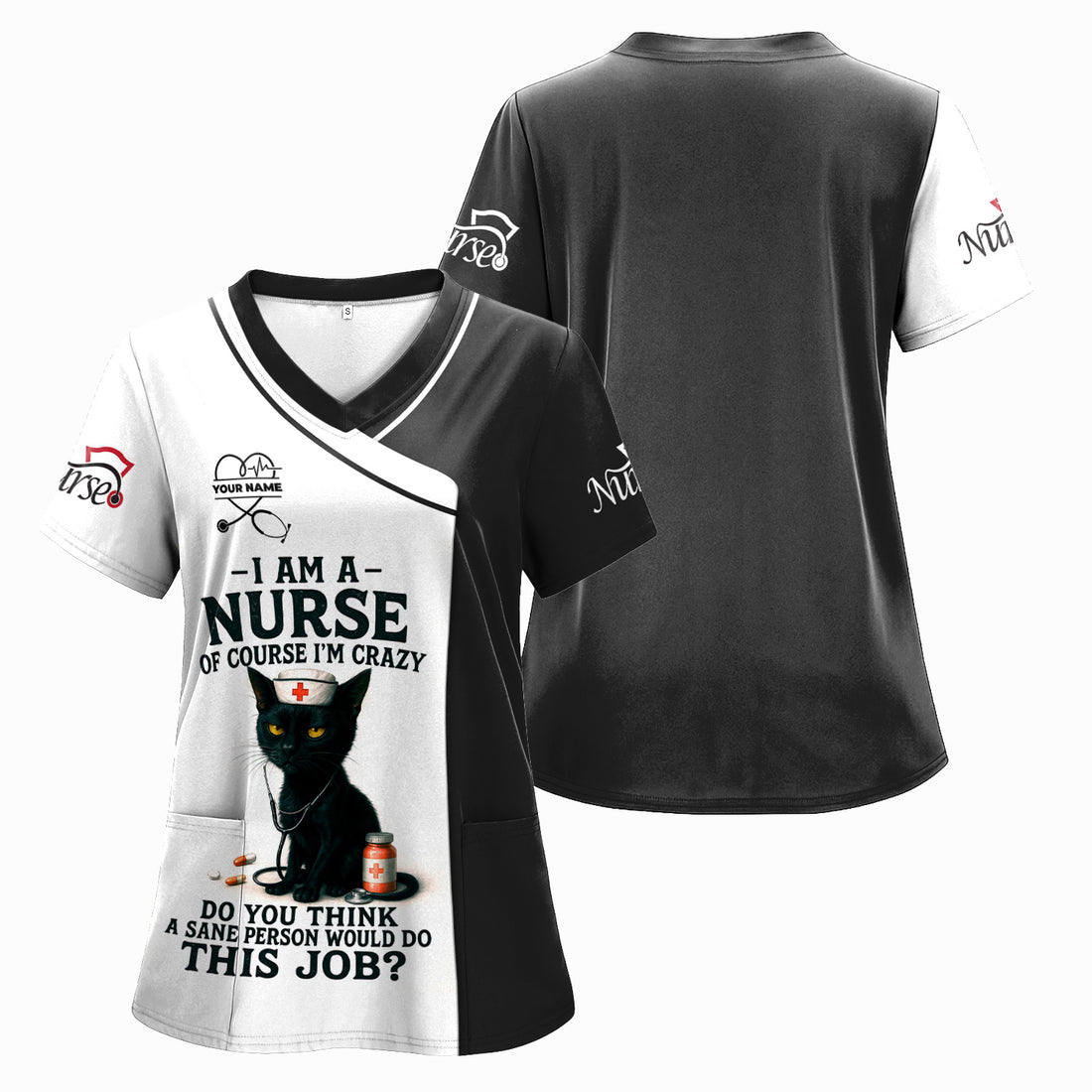 Personalized Funny Nurse Scrubs for Women - Custom Name RN CNA LPN Uniform Top - Cute Nursing Workwear Gift Idea for Her With Humor Style and Comfortable Fit