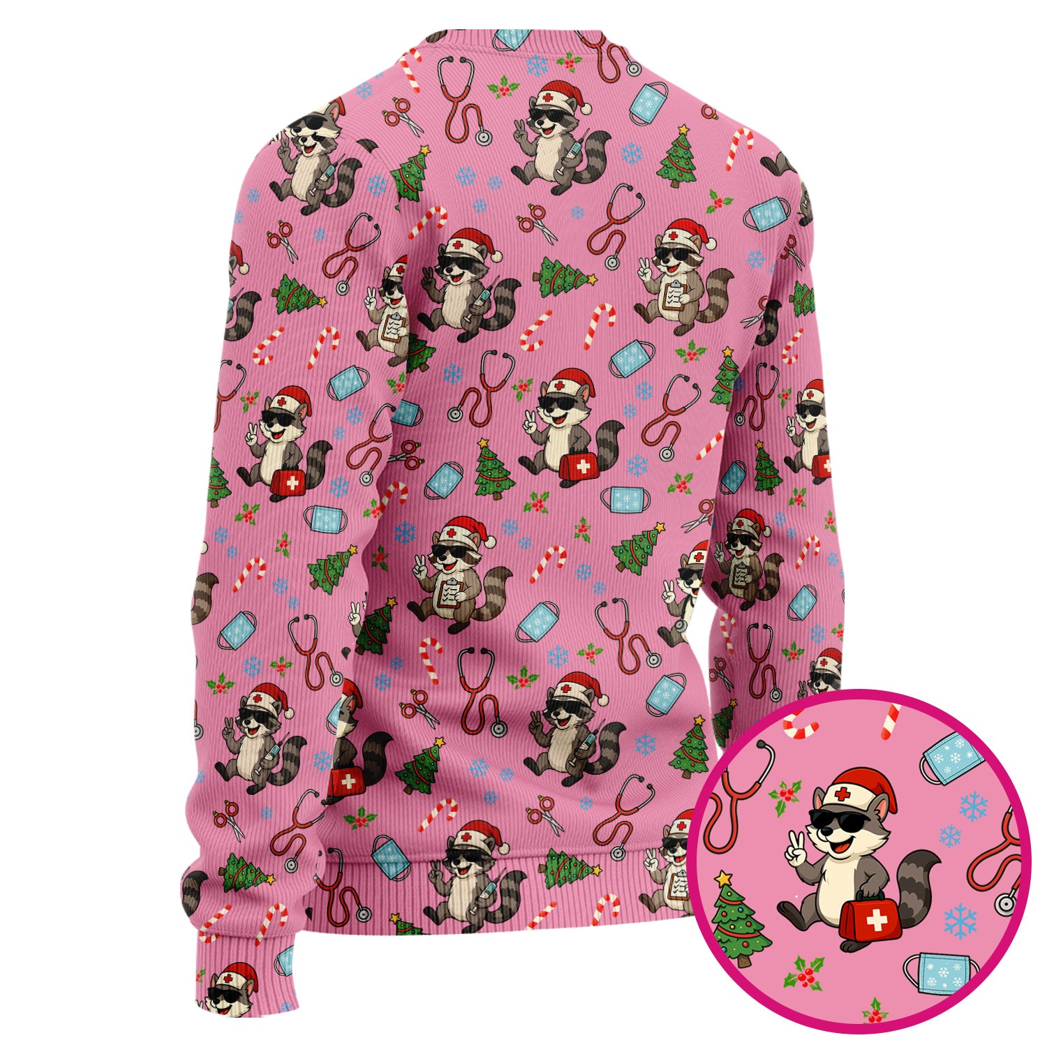 Funny Christmas Nurse Scrub Set - Raccoon Pattern with Santa Hat, Stethoscope and Tree - Cute Holiday Medical Scrubs Pants and Top Gift for RN CNA LPN