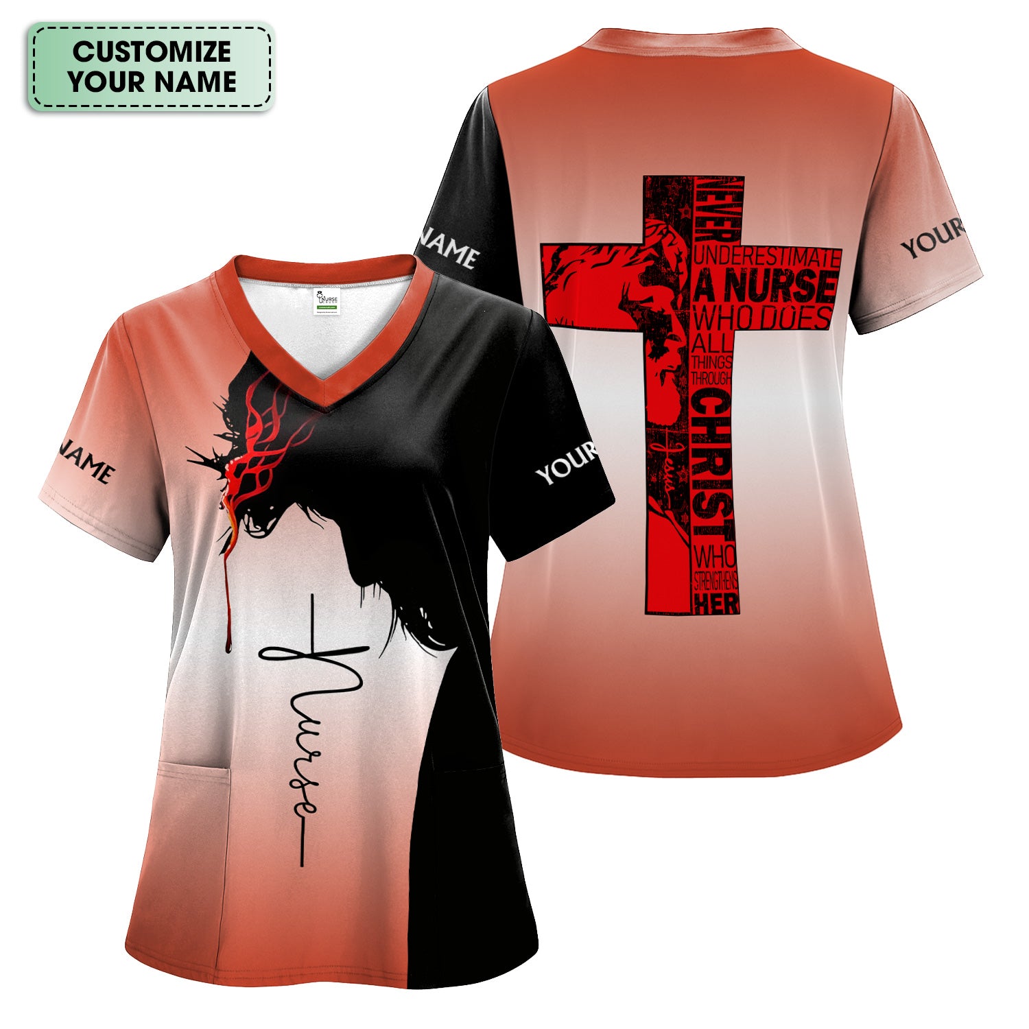 Christian Nurse Scrub with Custom Name - Never Underestimate a Nurse - Gift for RN LPN CNA Nursing Staff