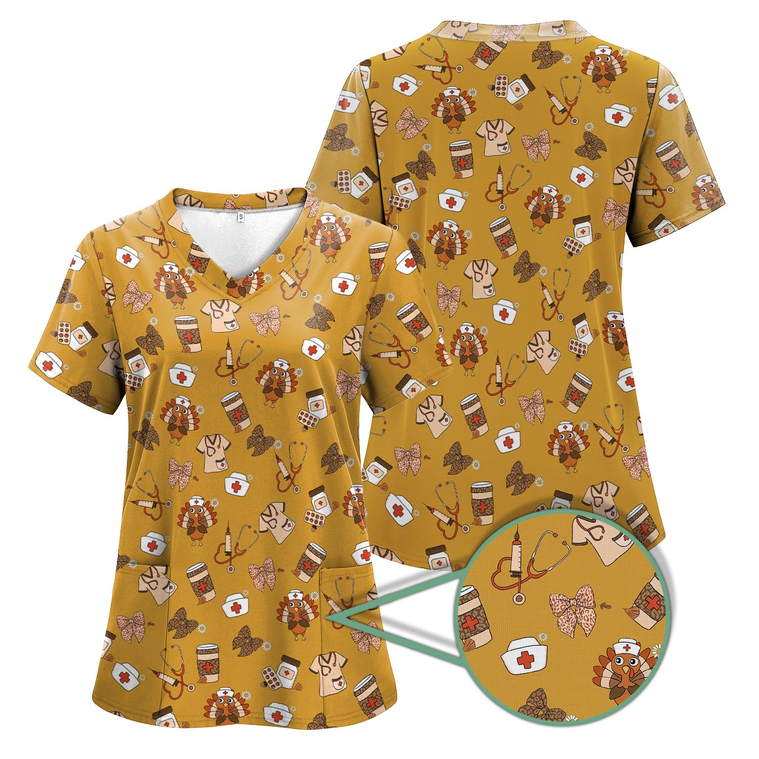 Cute Nurse Fall Season Scrub Top - Thanksgiving Turkey & Stethoscope Medical Design  - Gift for RN LPN CNA