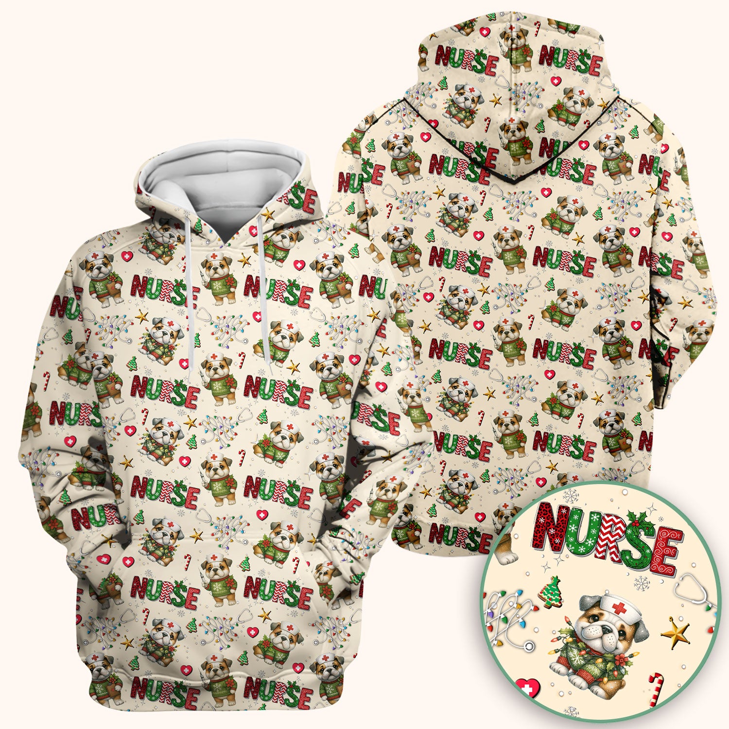 Bulldog Christmas Nurse Scrub Top - Funny Dog Scrub Shirt - Cute Holiday Medical Uniform for Women RN LPN CNA Gift