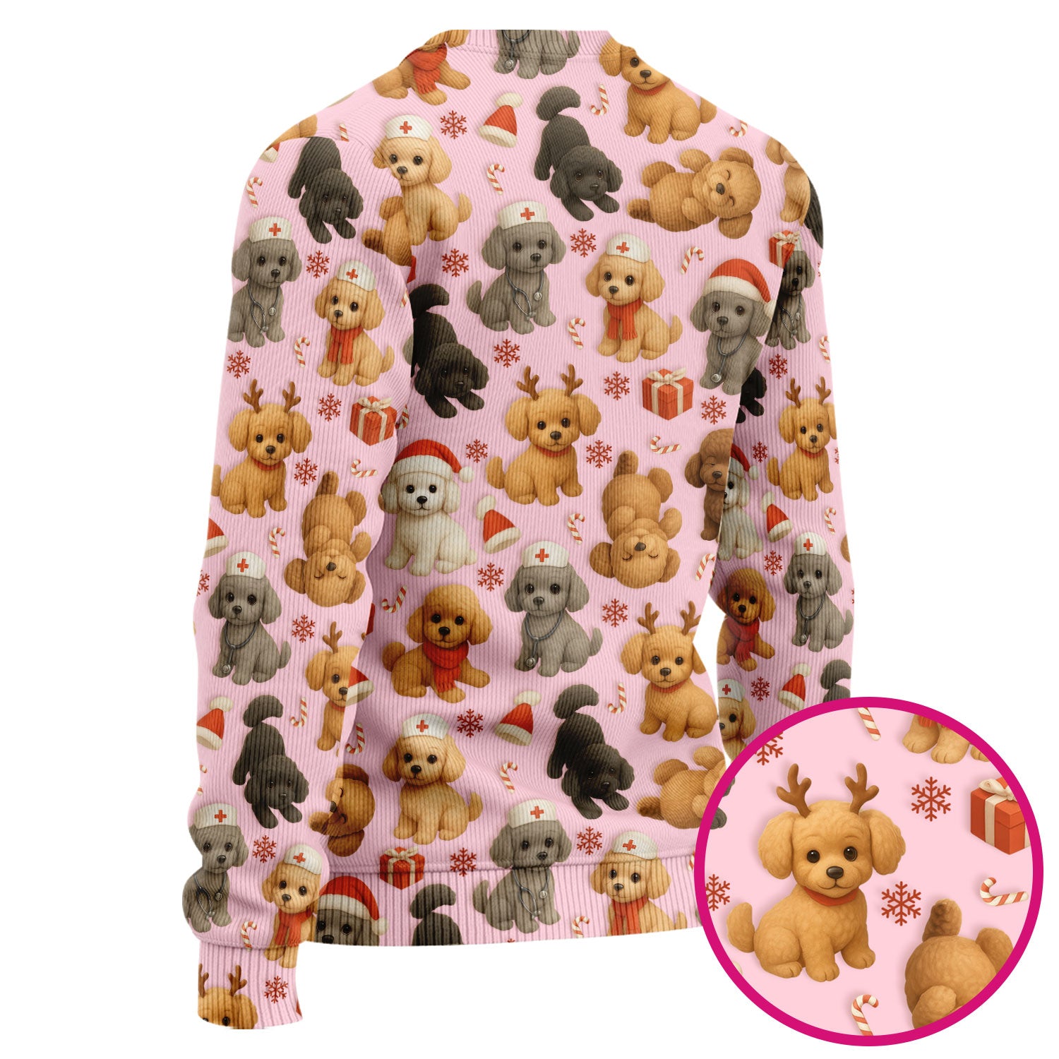 Christmas Poodle Scrubs Set for Women - Cute Dog Pattern Scrub Top & Pants - Festive Holiday Christmas Scrubs with Adorable Poodle Design