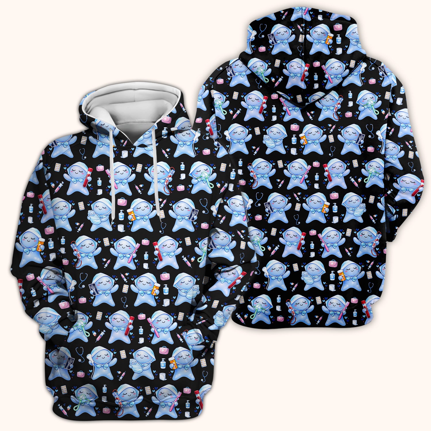Cute Tooth Character Dental Tools Caring Pattern Scrub Top, Breathable Fabrics Nursing Uniform