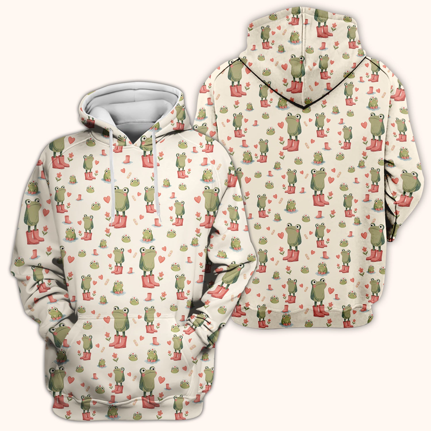 Adorable Frog Boots Heart Pattern Scrub Top, Comfortable Scrubs for Nurses