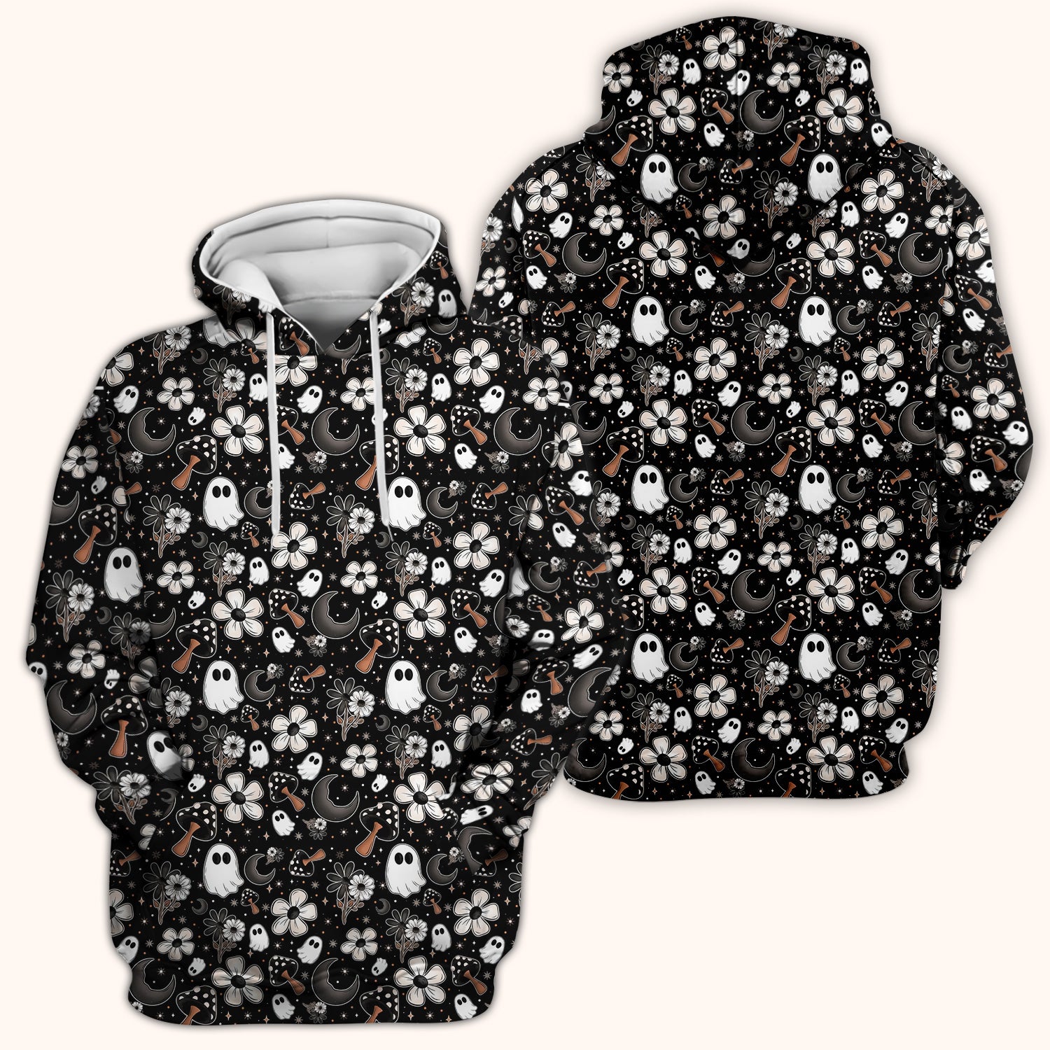Floral Mushroom Ghost Pattern Scrub Top, Comfortable Scrubs for Nurses
