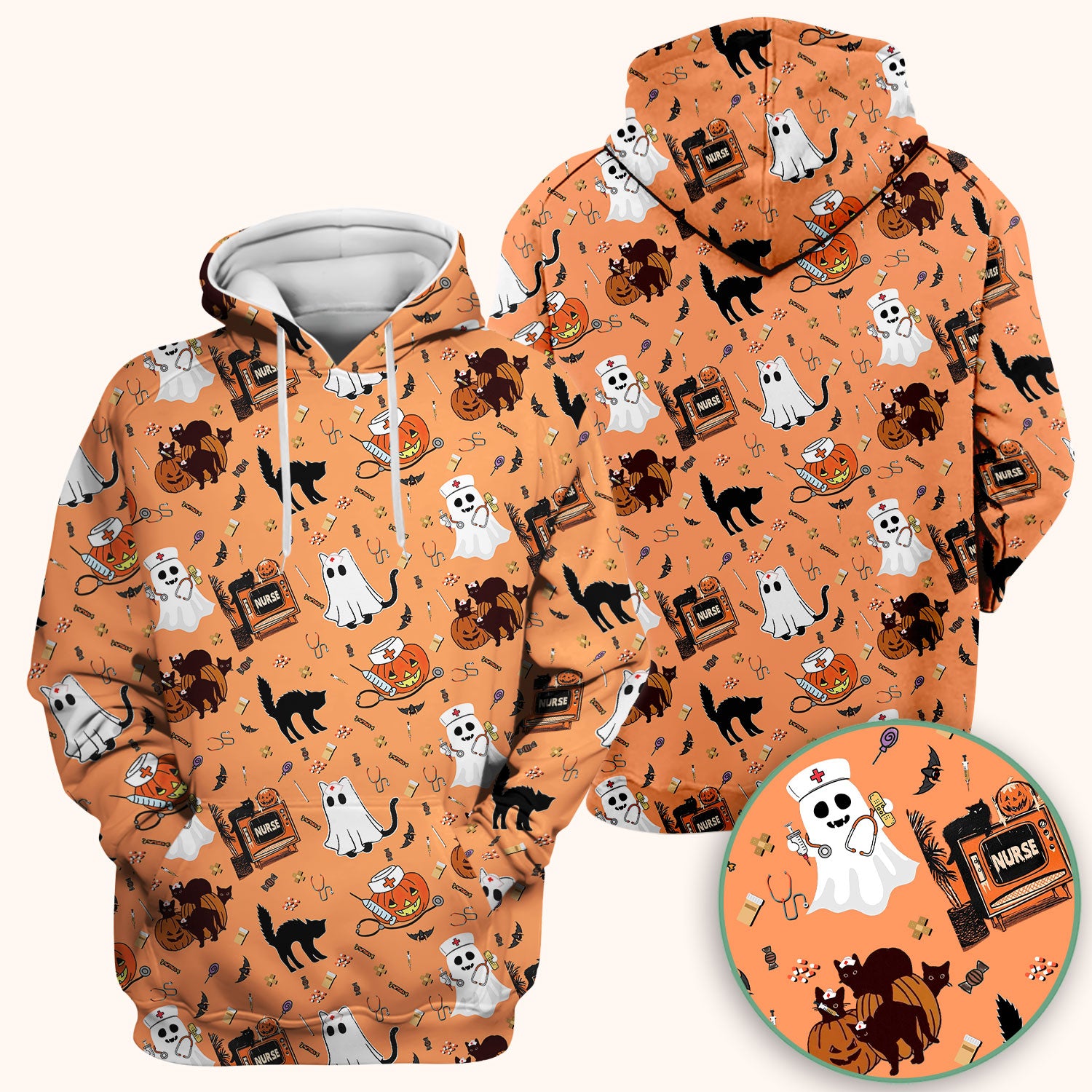 Halloween Scrub Top for Nurse - Cute Pumpkin Ghost Cat Medical Shirt - Spooky Scrubs for Women RN CNA LPN
