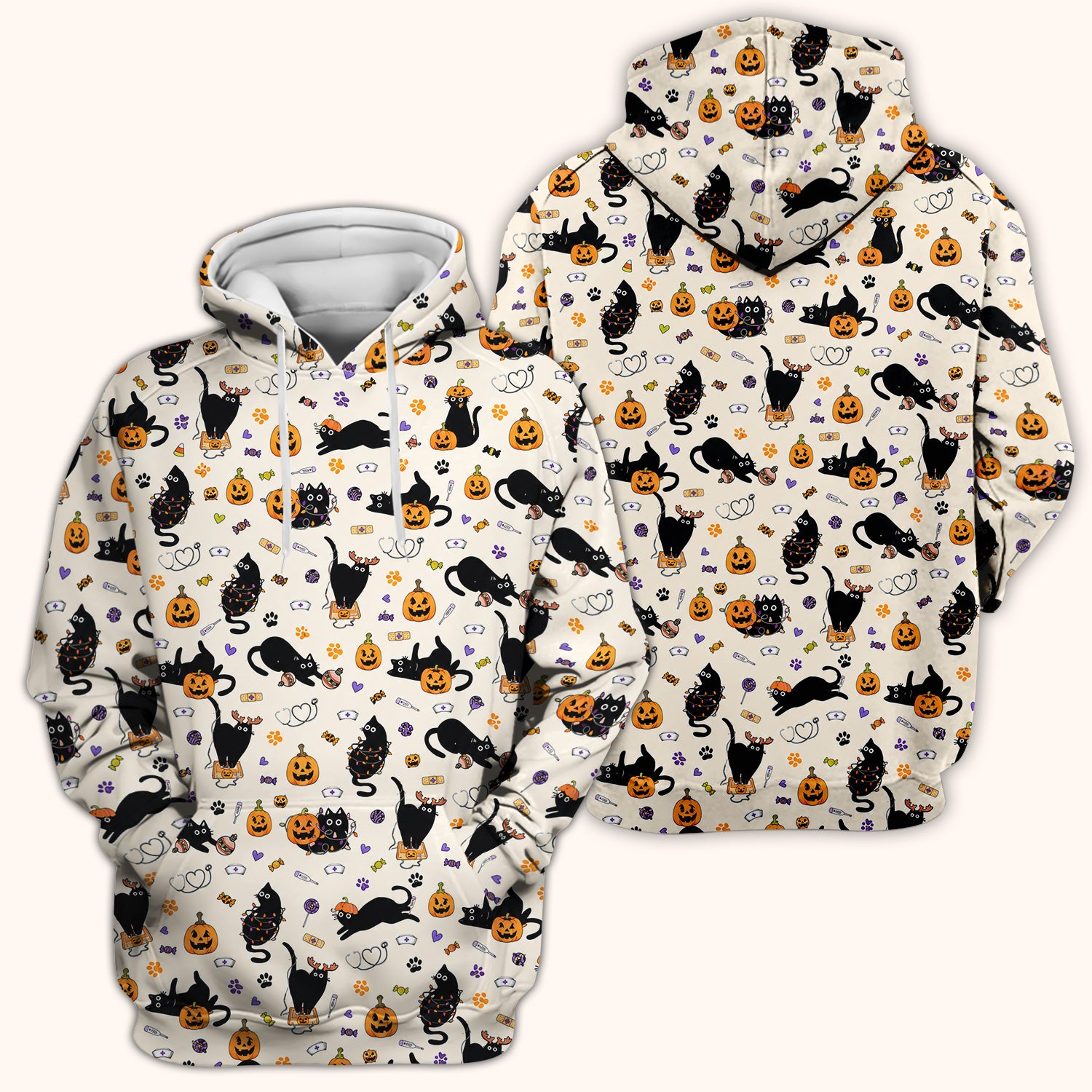 Pumpkin Black Cat Pattern Scrub Top, Comfortable Scrubs for Nurses