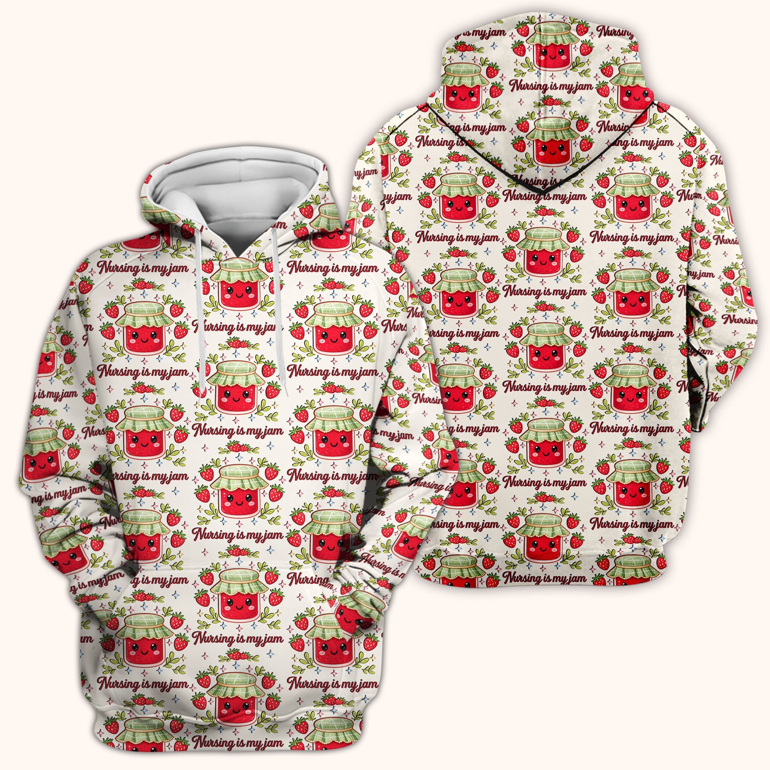 Cute Strawberry Jam Nurse Pattern Scrub Top, Breathable Fabrics Nursing Uniform