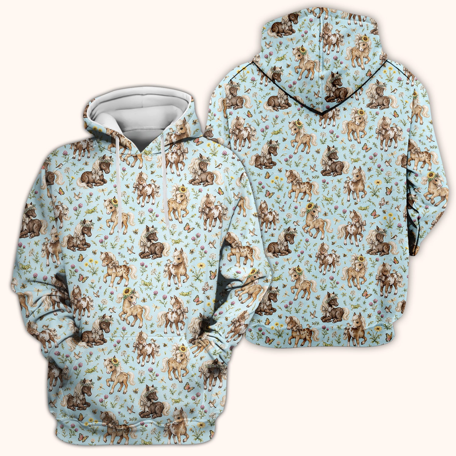 Cute Pony Garden with Butterfly Floral Meadow Print Scrub Top, Comfortable Scrubs for Nurses