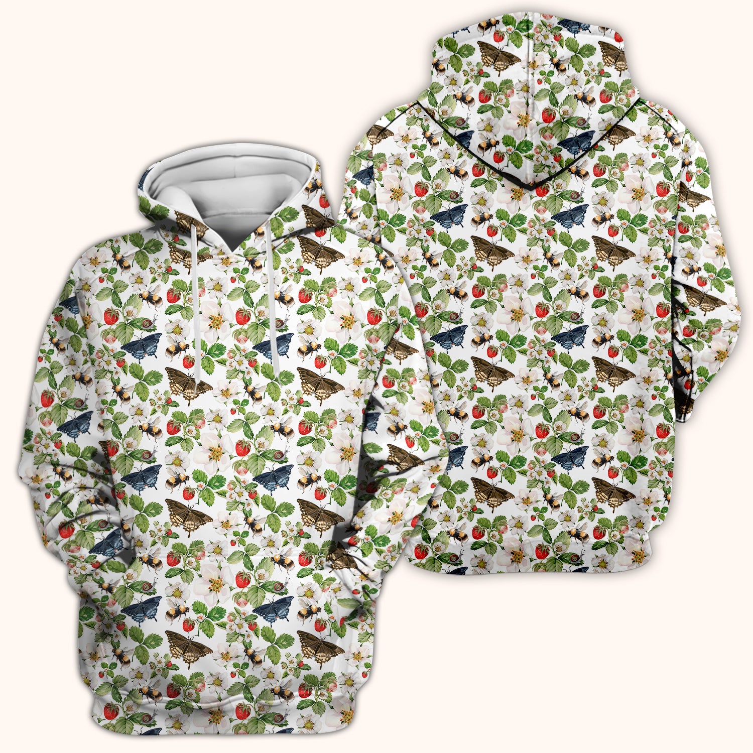 Charming Strawberry Butterfly Garden Pattern Scrub Top, Comfortable Scrubs for Nurses