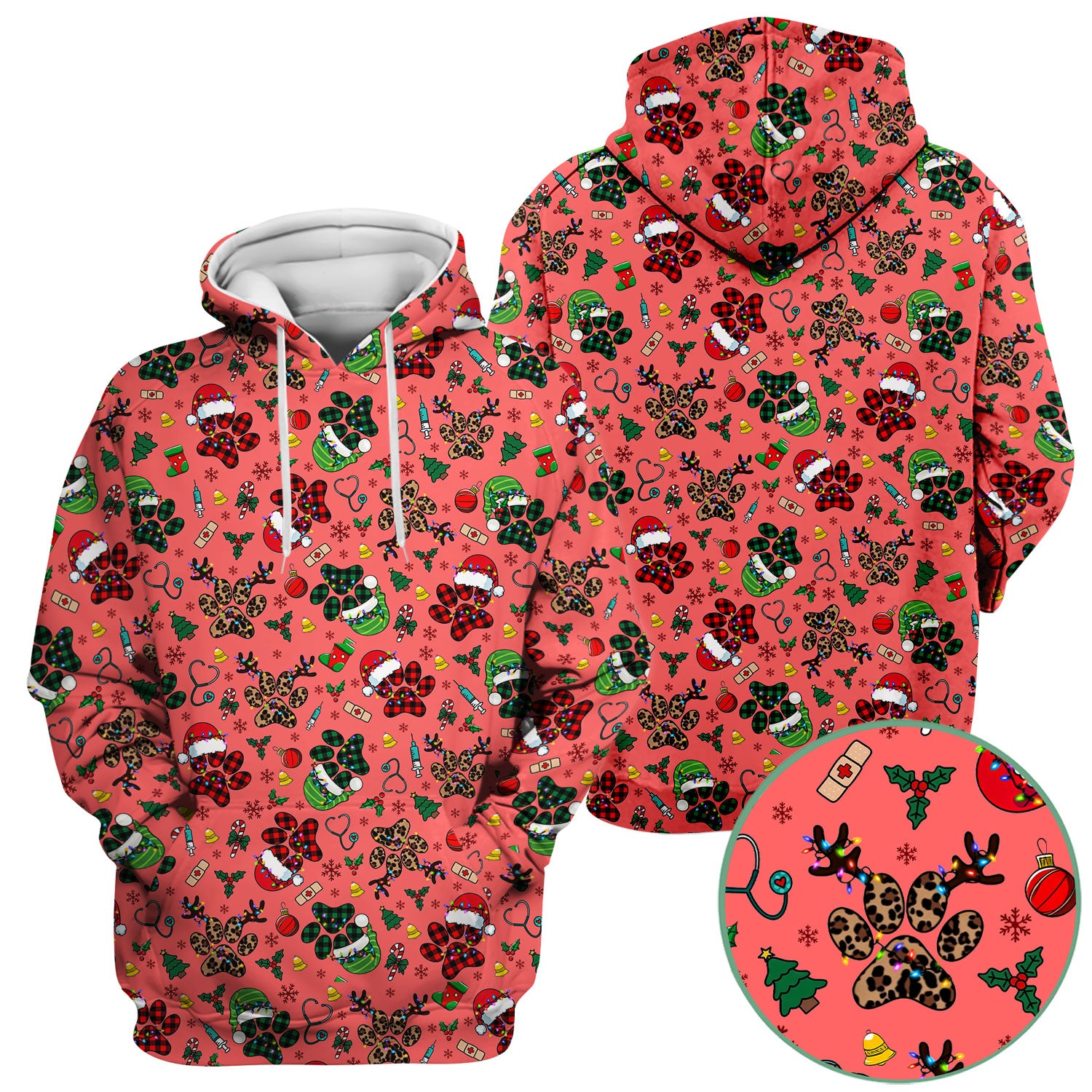 Christmas Paw Print Scrub Top for Nurses - Cute Leopard Holiday Pattern - Funny Festive Medical Uniform Gift