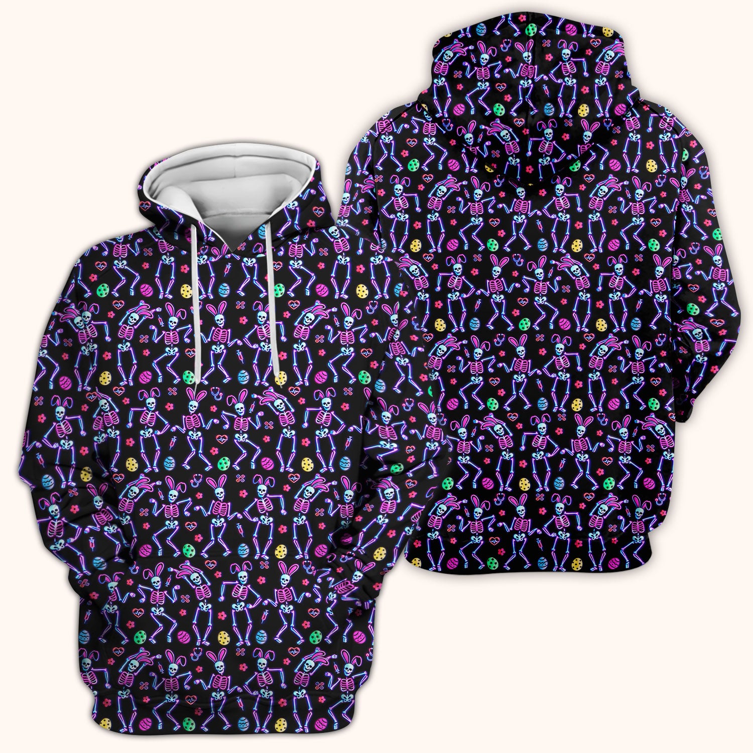 Neon Easter Skeleton Pattern Scrub Top, Comfortable Scrubs for Nurses