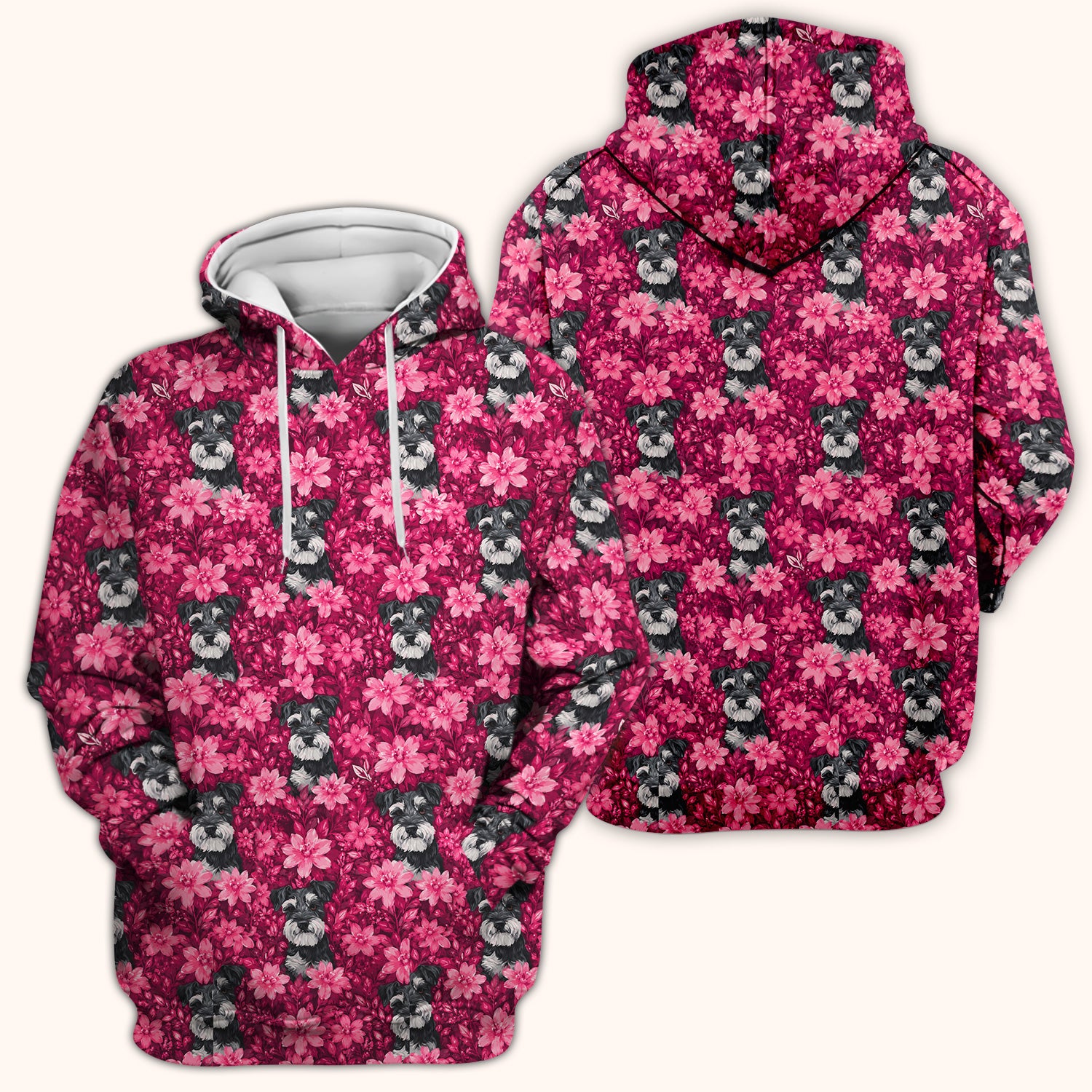Pink Floral Schnauzer Pattern Scrub Top, Comfortable Scrubs for Nurses
