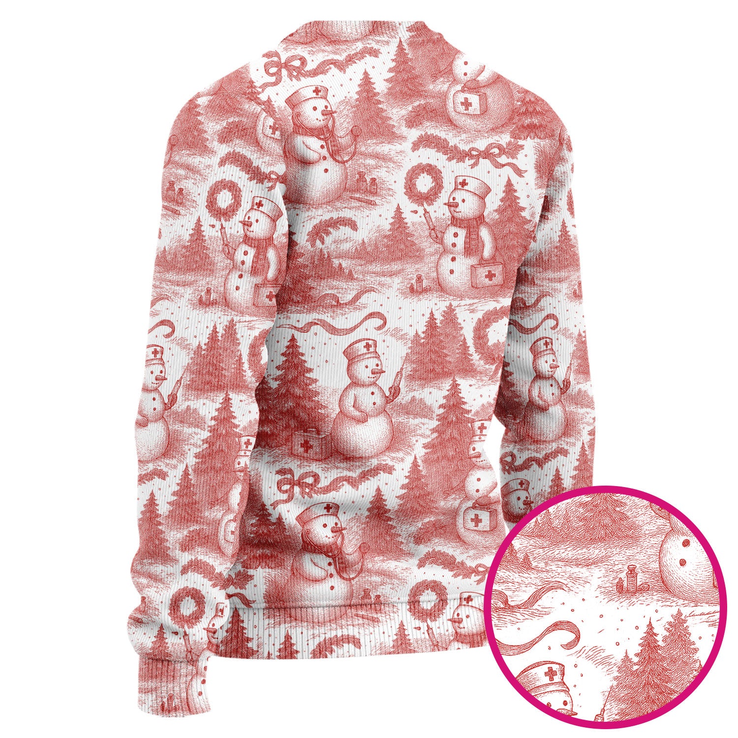 Toile de Jouy Christmas Scrubs Set – Elegant Snowman and Nurse Pattern – Classic Holiday Scrub Top and Pants for Women