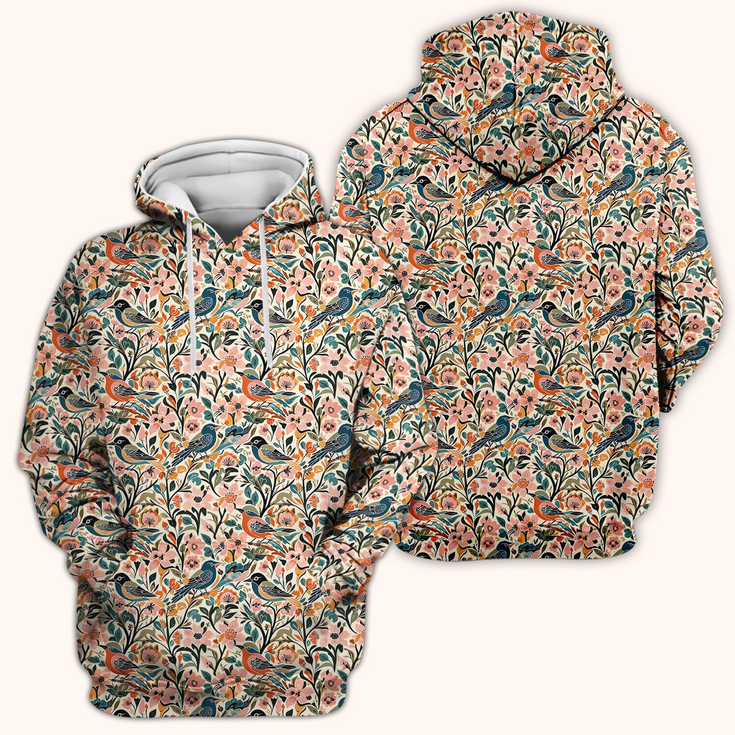 Folk Art Songbird Floral Pattern Scrub Top, Comfortable Scrubs for Nurses