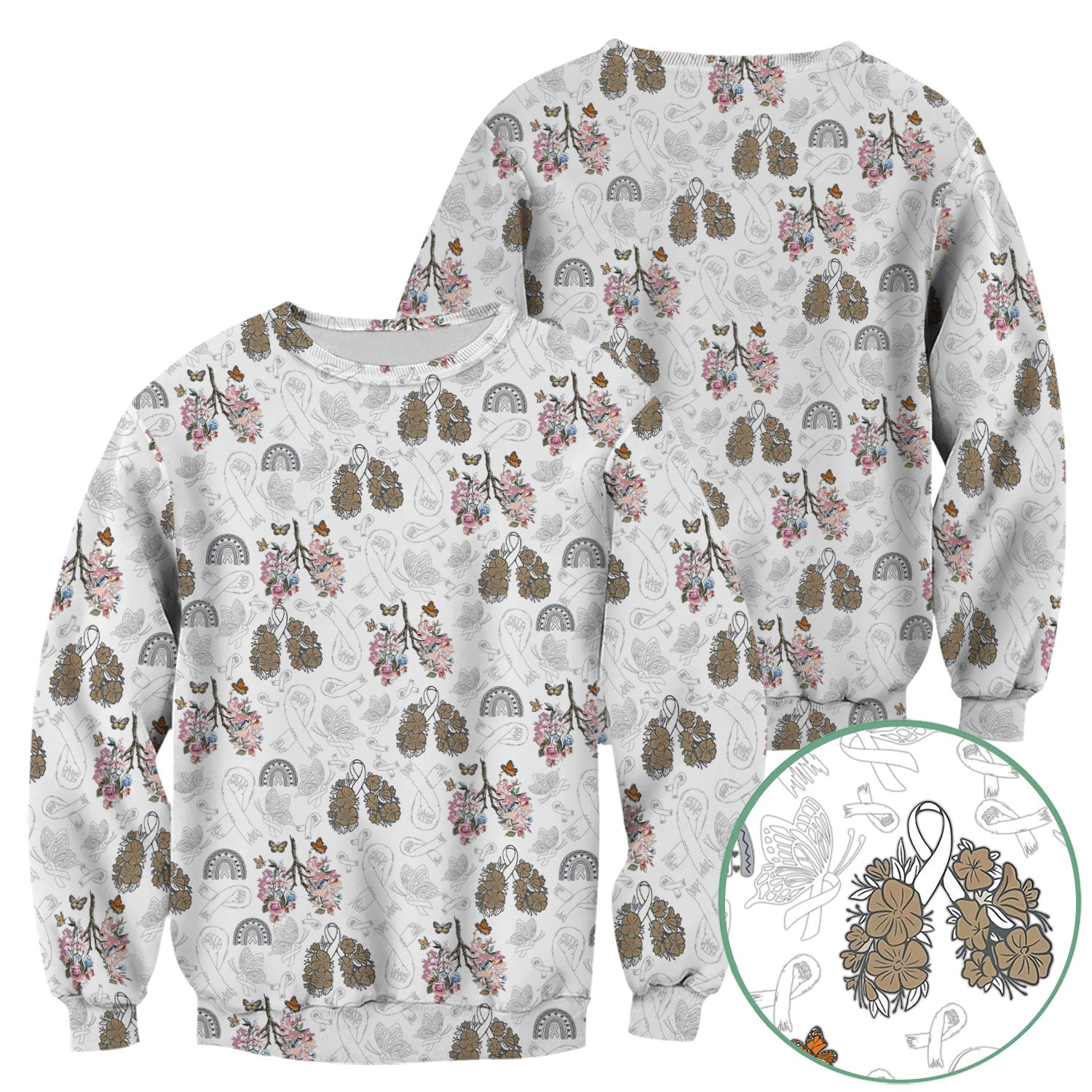 Lung Cancer Awareness Nurse Scrub Top - White Ribbon Butterfly Floral Medical Uniform - Comfortable V-Neck Nursing Shirt Gift
