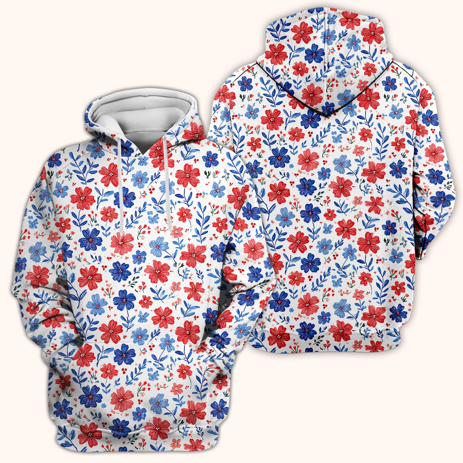 Patriotic Red White Blue Floral Print Scrub Top, Comfortable Scrubs for Nurses