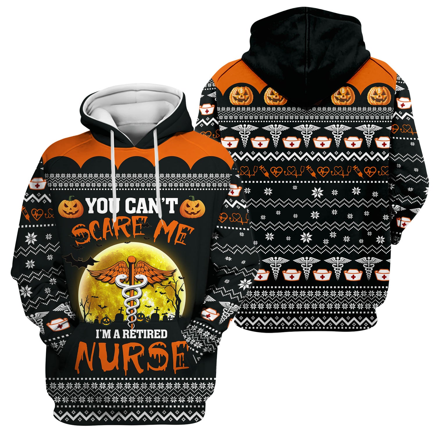 Funny Halloween Retired Nurse Scrub Top - You Can’t Scare Me Shirt - Spooky Pumpkin Medical Uniform Gift for RN LPN CNA