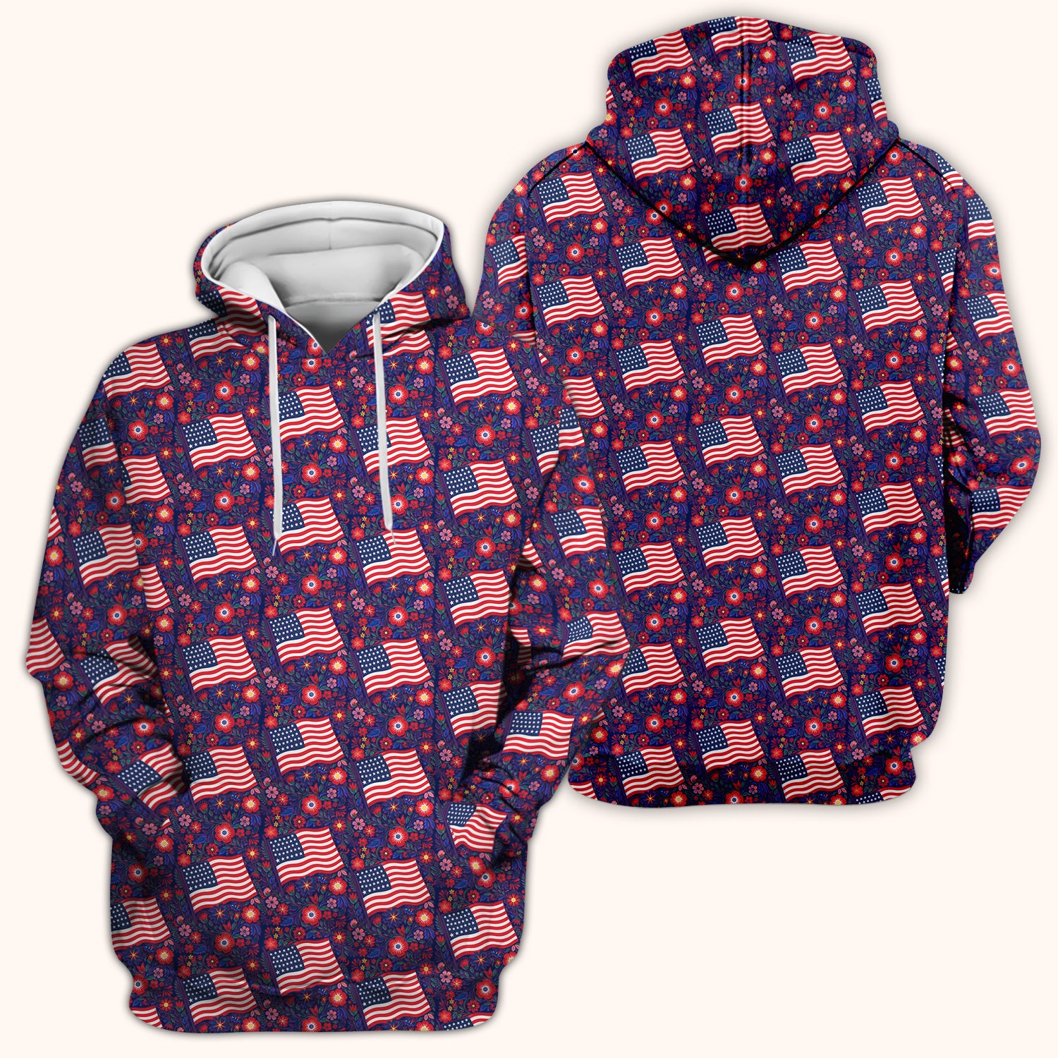 Patriotic USA Flag With Floral Fireworks Pattern Scrub Top, Breathable Fabrics Nursing Uniform