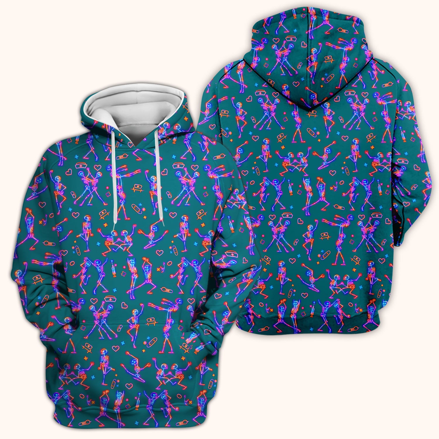 Neon Dancing Skeleton Medical Pattern Scrub Top, Comfortable Scrubs for Nurses
