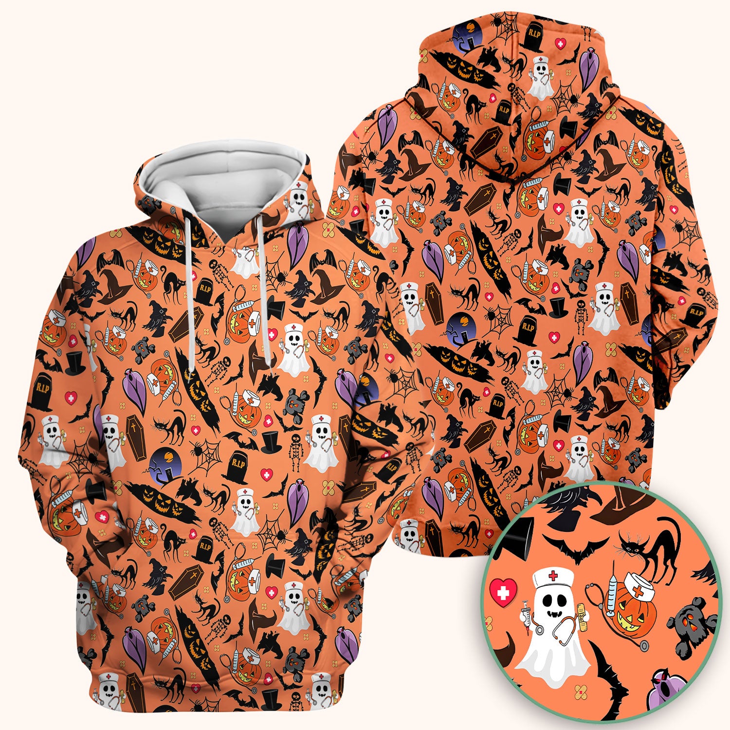 Spooky Halloween Scrub Top - Pumpkin Ghost Bat Nurse Shirt - Wicked Witch Medical Uniform for Women RN CNA LPN