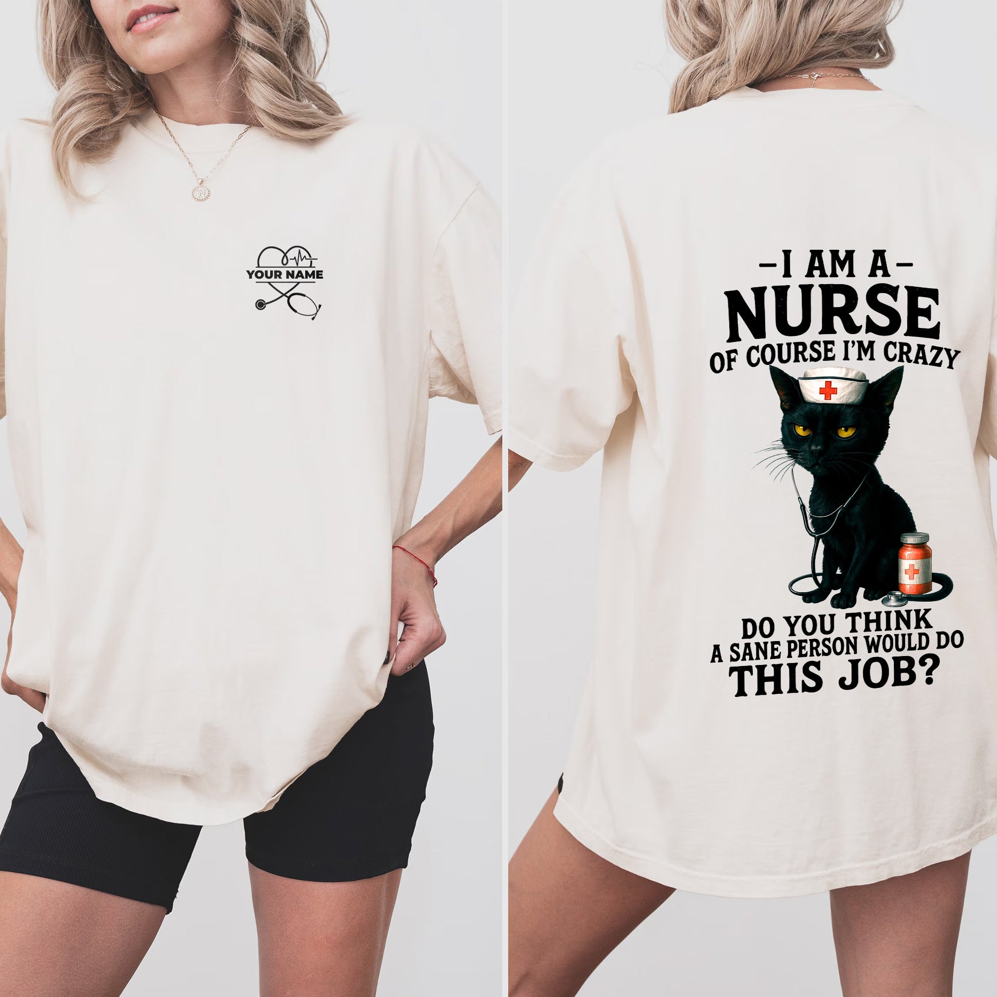 Personalized Funny Nurse Shirt with Black Cat Design – Crazy RN LPN CNA Quote Tee for Women – Custom Name Gift for Healthcare Workers
