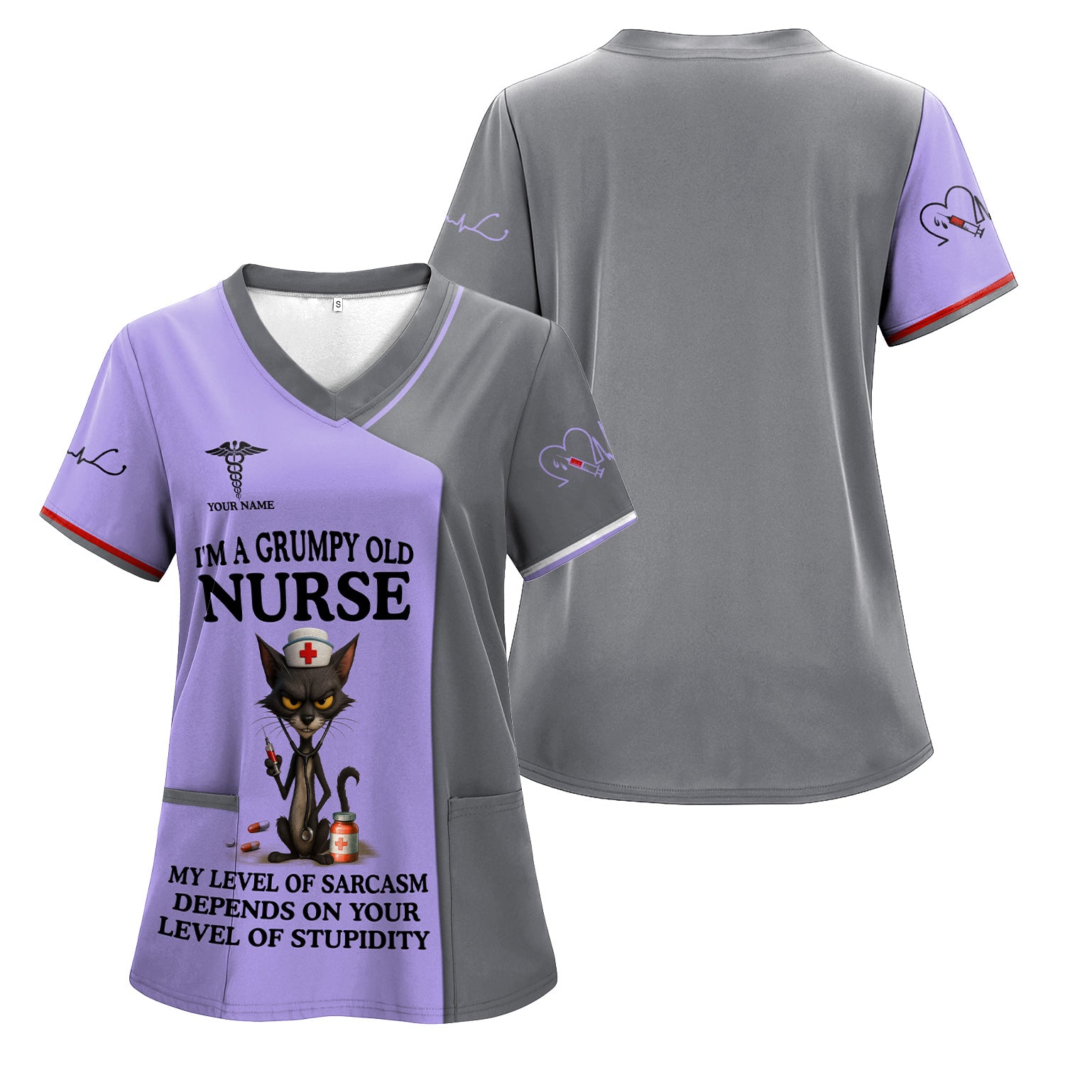 Sarcastic Grumpy Old Nurse Shirt - Black Cat Humo & Caduceus Symbol Design - Personalized Gift for RN LPN CNA Healthcare Workers