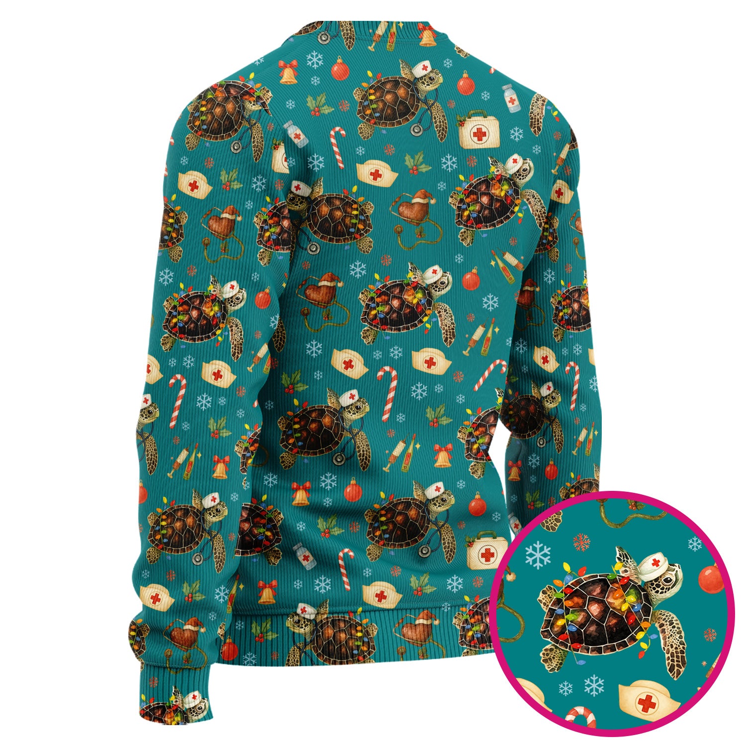 Funny Christmas Scrub Set - Sea Turtle with Xmas Lights Scrubs Pants and V Neck Top - Holiday Nurse Med Uniform for Women