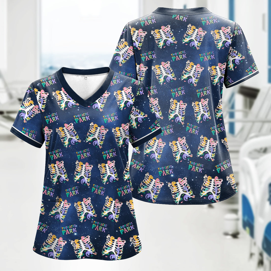 Humorous Thoracic Park Nurse Scrub Top - Colorful Rib Cage Skeleton Design - Gift for RN, CNA, LPN