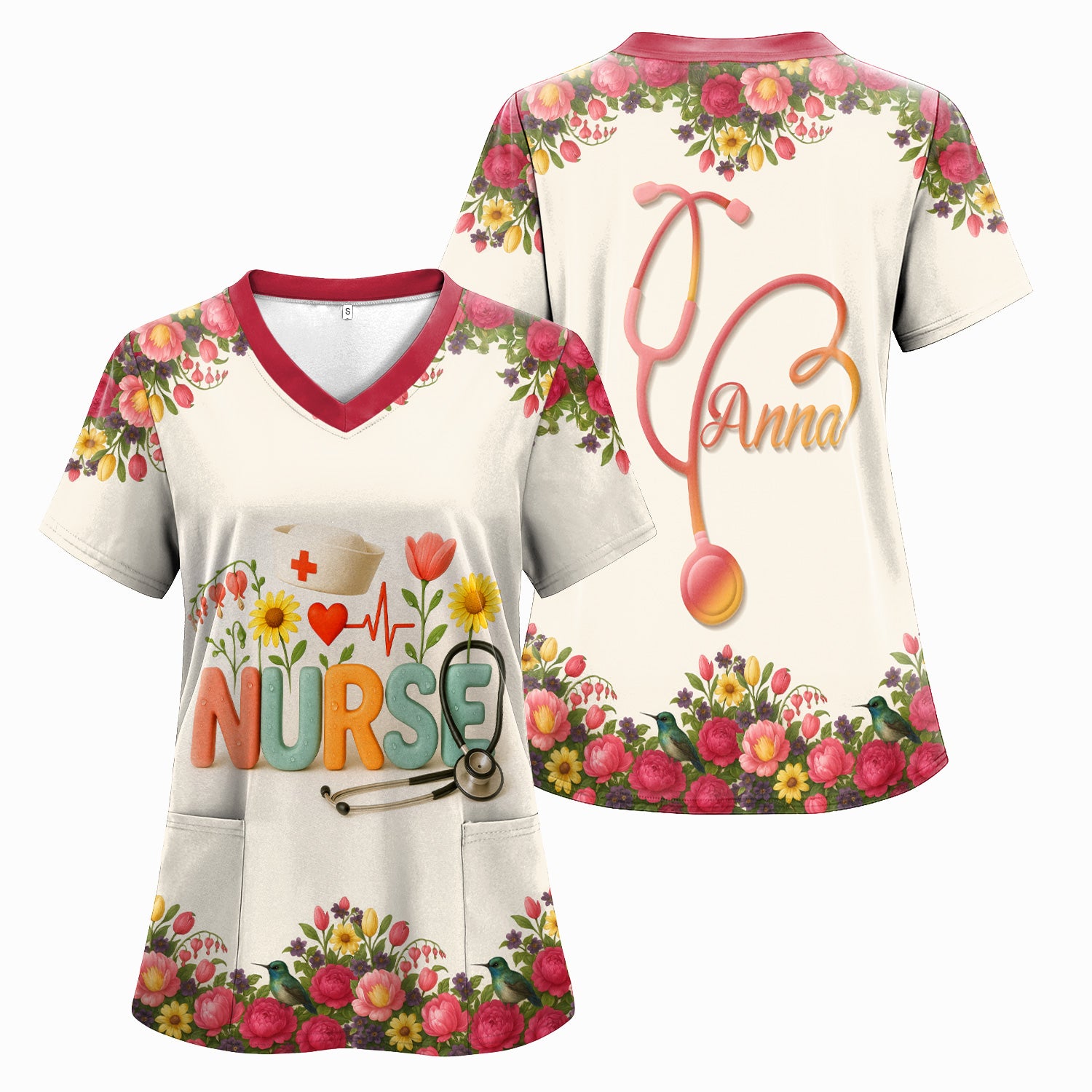 Personalized Floral Nurse Shirt with Name - Cute Colorful Flowers and Stethoscope Design - Thoughtful Gift for Women RN CNA LPN in Healthcare and Nursing Profession