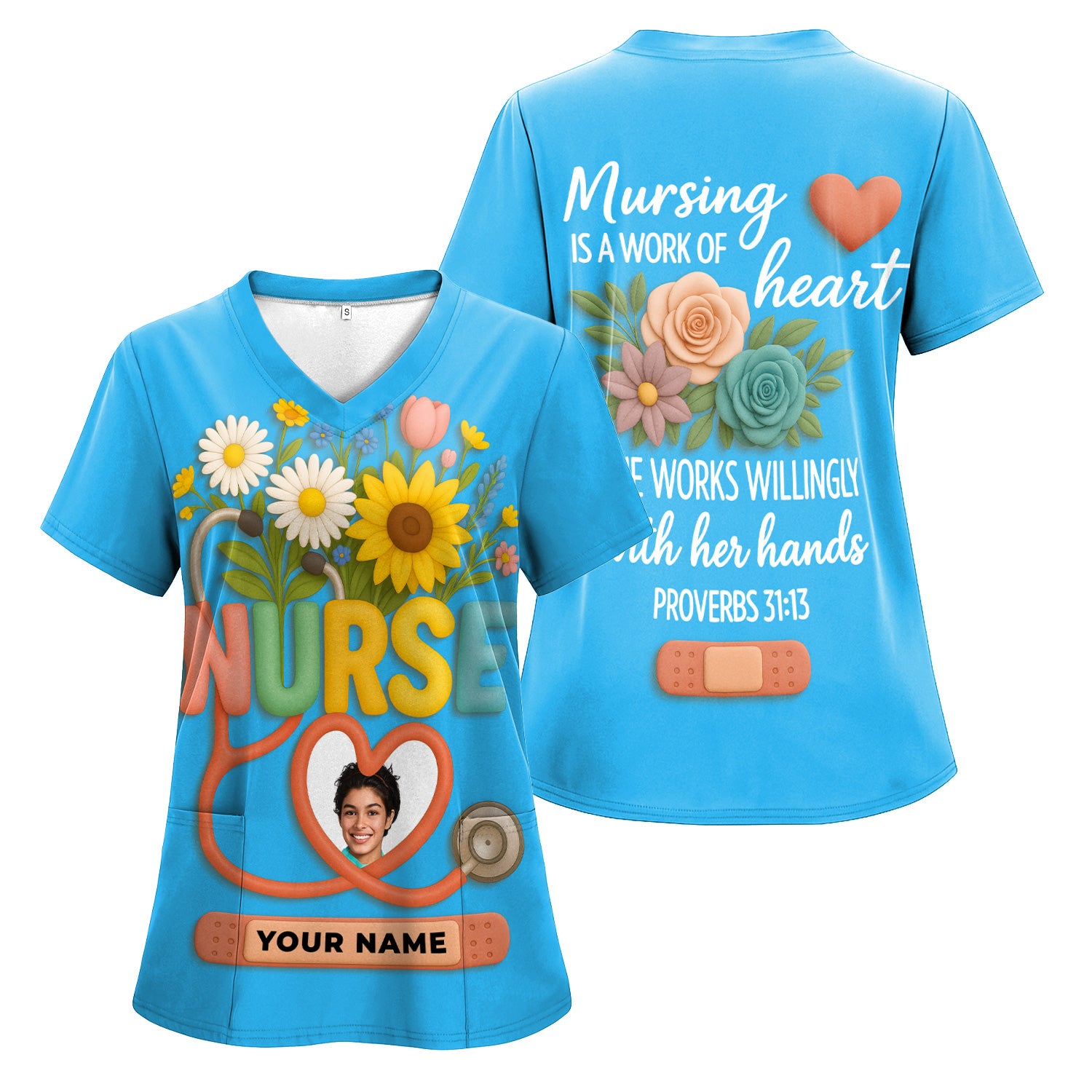 Nurse Appreciation Shirt for CNA RN LPN - Floral Heart Stethoscope Design - Custom Photo & Name Gift for Women Healthcare Workers - Multiple Shirt Colors Available