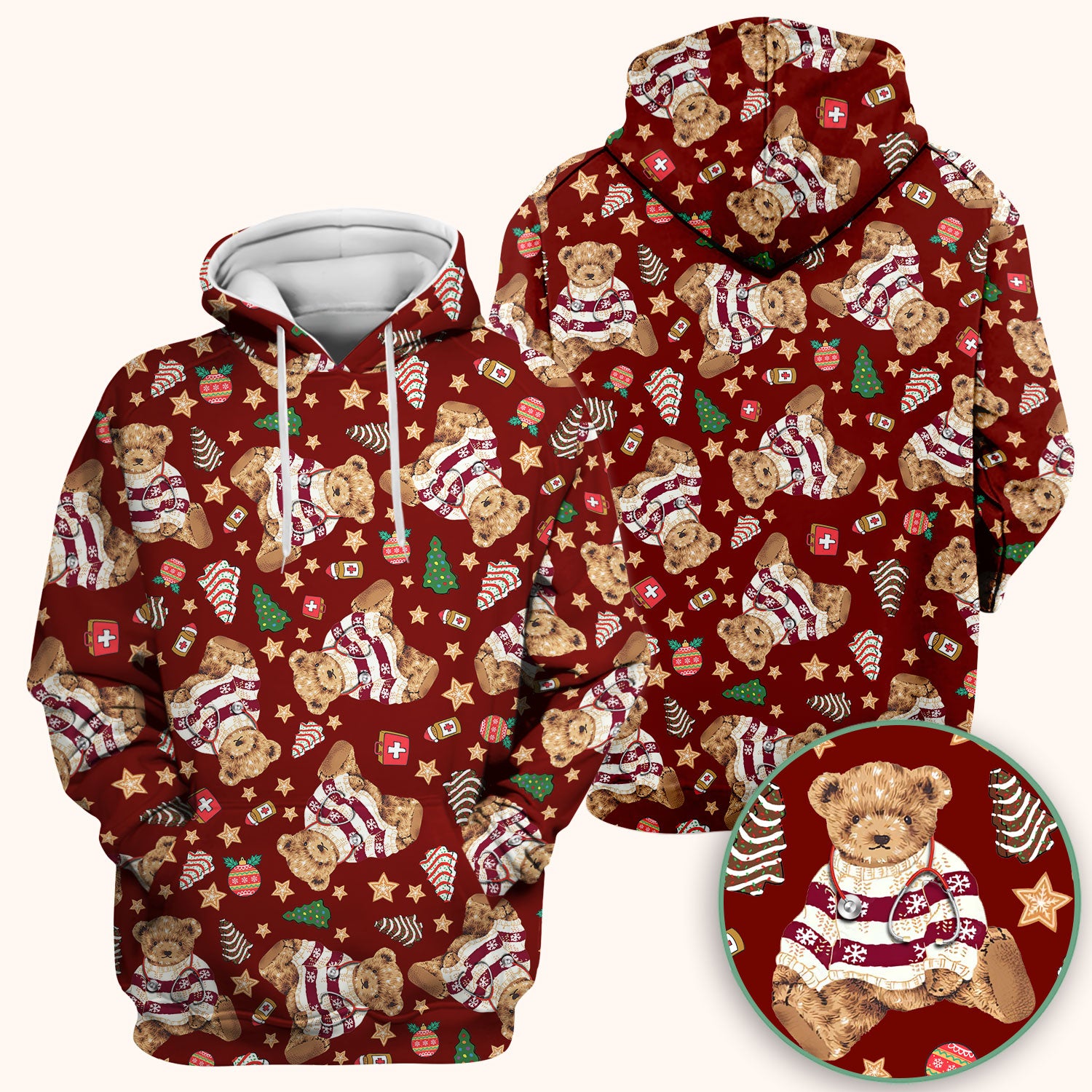 Teddy Bear Christmas Scrub Top - Cute Holiday Medical Pattern with Warm Sweater Bear - Gift for Nurses RN CNA LPN