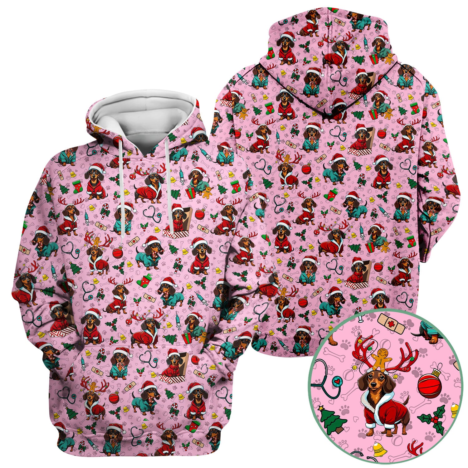 Christmas Dachshund Scrubs for Nurses - Cute Sausage Dog Holiday Scrub Top - Funny Reindeer & Santa Medical Shirt for Women