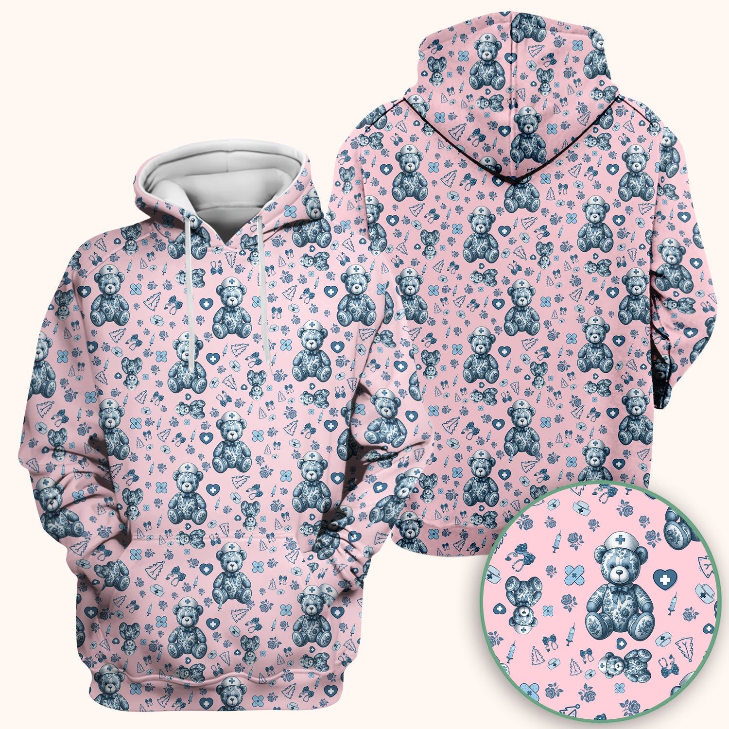 Toile Teddy Bear Nurse Scrub Top - Elegant Blue Toile de Jouy Pattern Medical Shirt for Women - Cute Vintage Nursing Uniform Gift