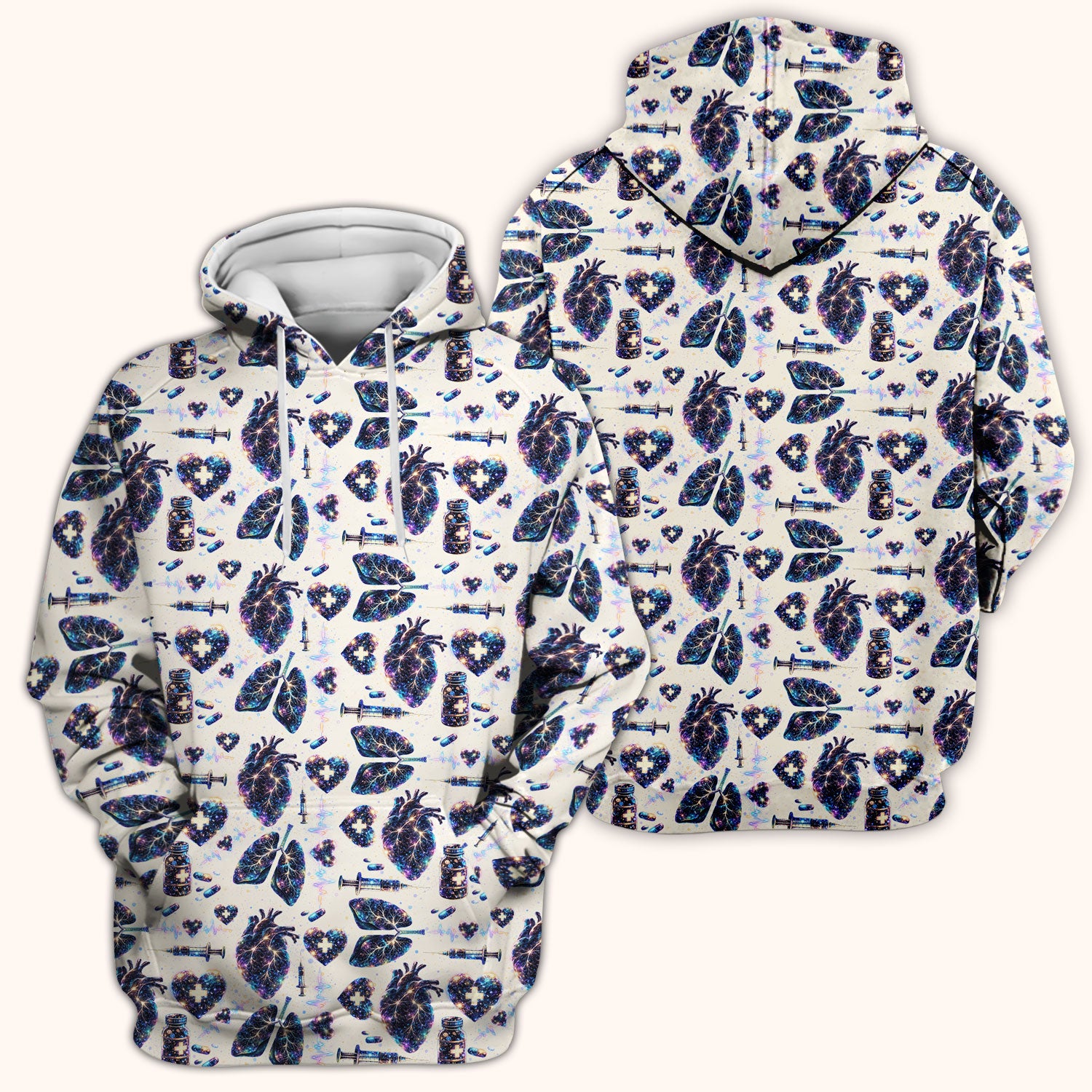Galaxy Anatomical Heart Lung Syringe Print Scrub Top, Breathable Fabrics Nursing Uniform