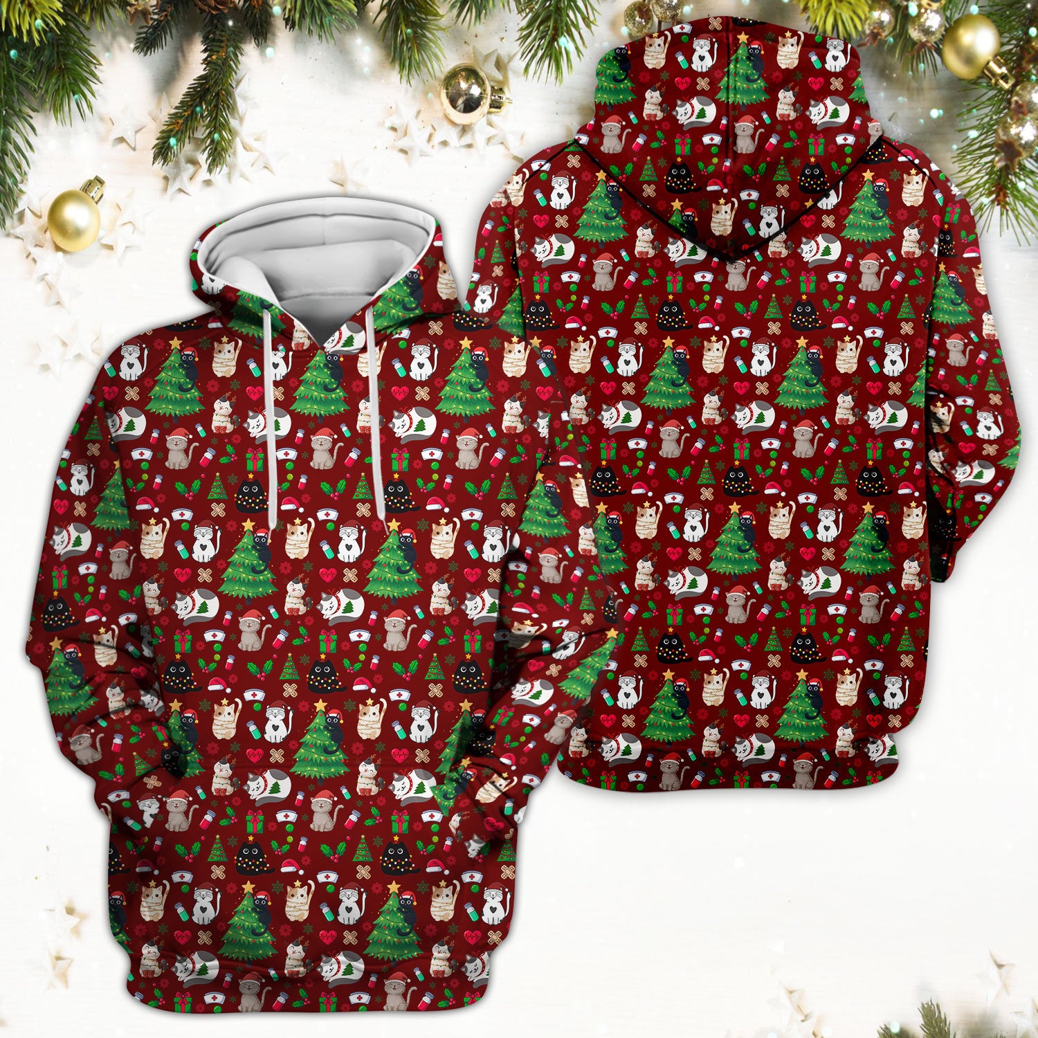 Christmas Cat Scrub Top, Xmas Pet Pattern Scrub Shirt, Breathable Fabrics Nursing Uniform
