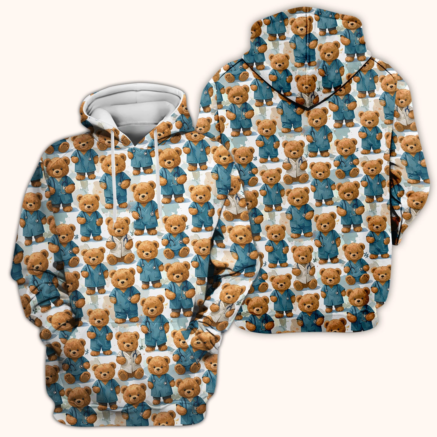 Teddy Bear Doctor Character Pattern Scrub Top, Comfortable Scrubs for Nurses