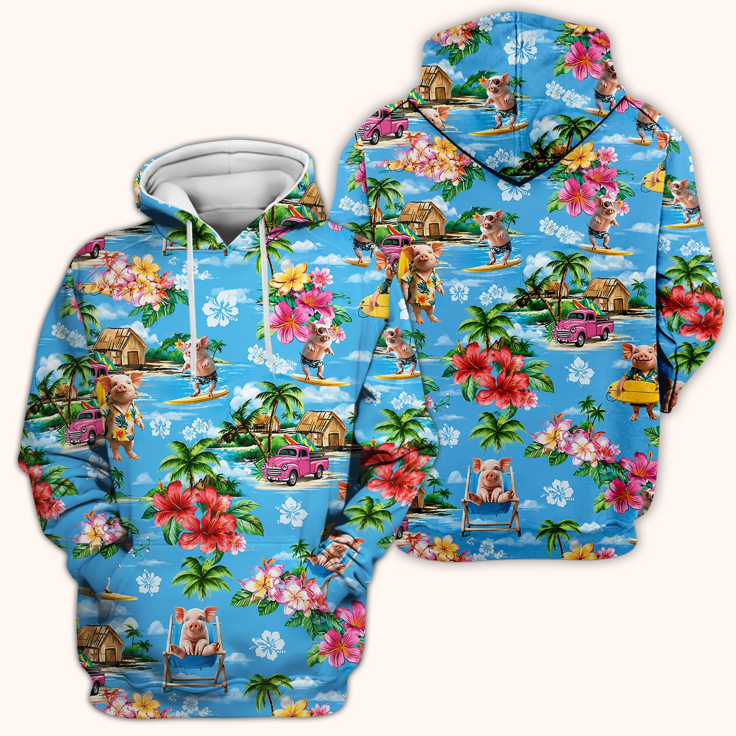 Tropical Surfing Pig Beach Pattern Scrub Top, Comfortable Scrubs for Nurses