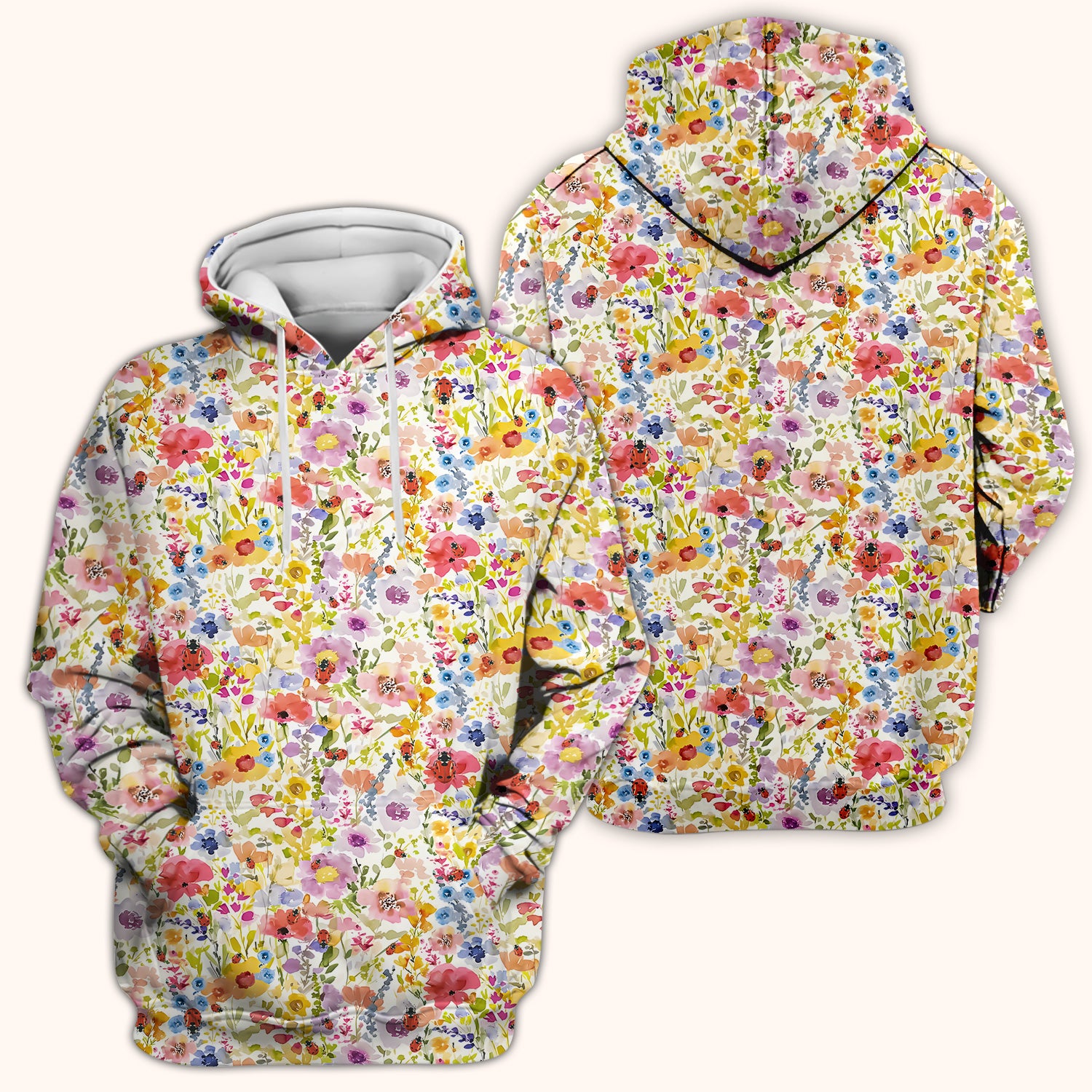 Cute Wildflower Ladybug Garden Pattern Scrub Top, Comfortable Scrubs for Nurses