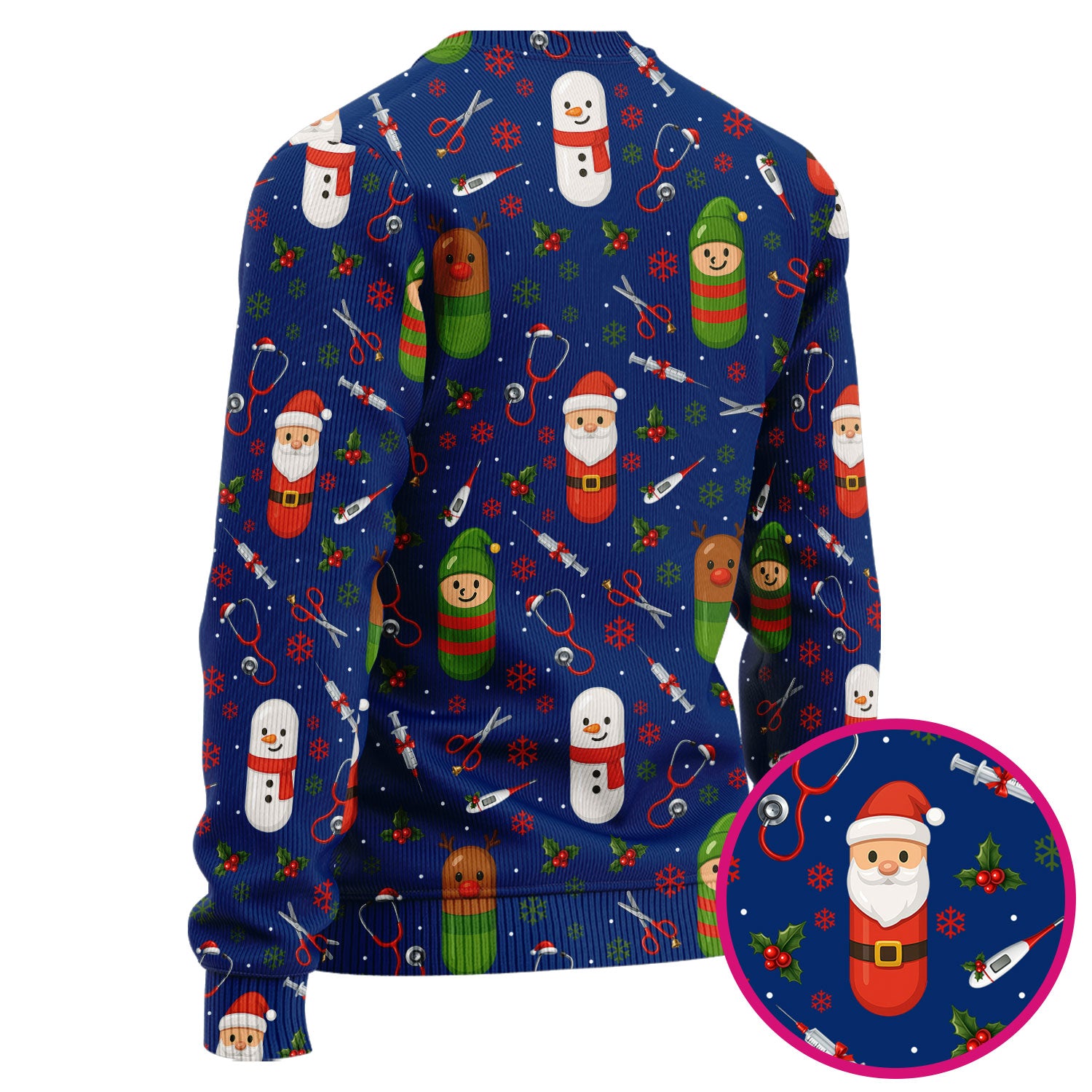 Santa Christmas Scrubs Set - Cute Holiday Pattern with Reindeer and Snowman - Fun Medical Scrub Top and Pants for Women Nurses