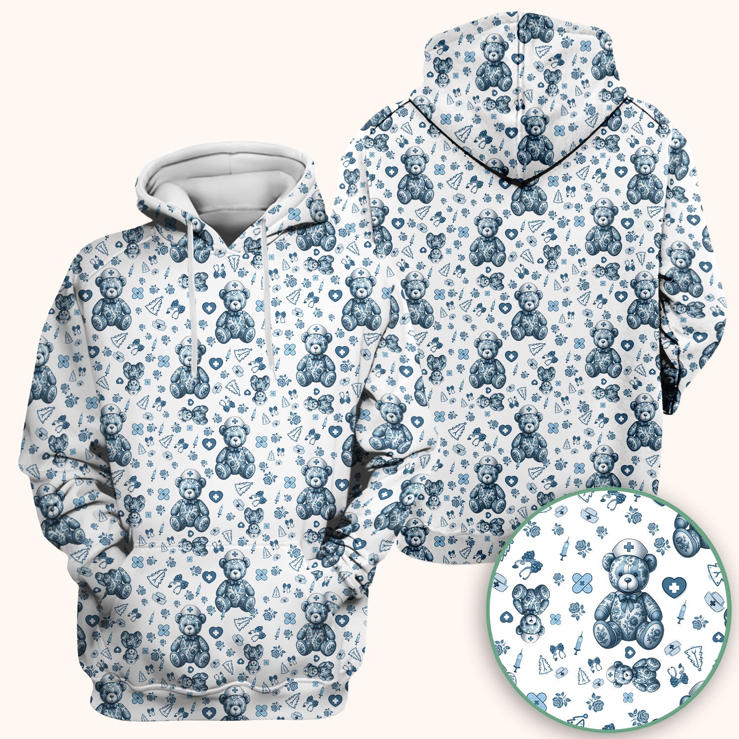 Toile Teddy Bear Nurse Scrub Top - Elegant Blue Toile de Jouy Pattern Medical Shirt for Women - Cute Vintage Nursing Uniform Gift