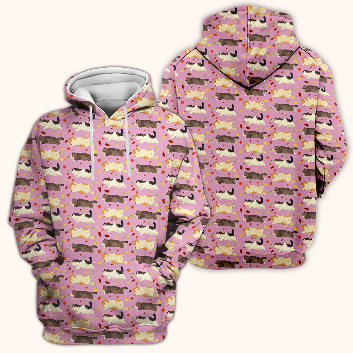 Chubby Cat Autumn Leaves Print Scrub Top, Breathable Fabrics Nursing Uniform