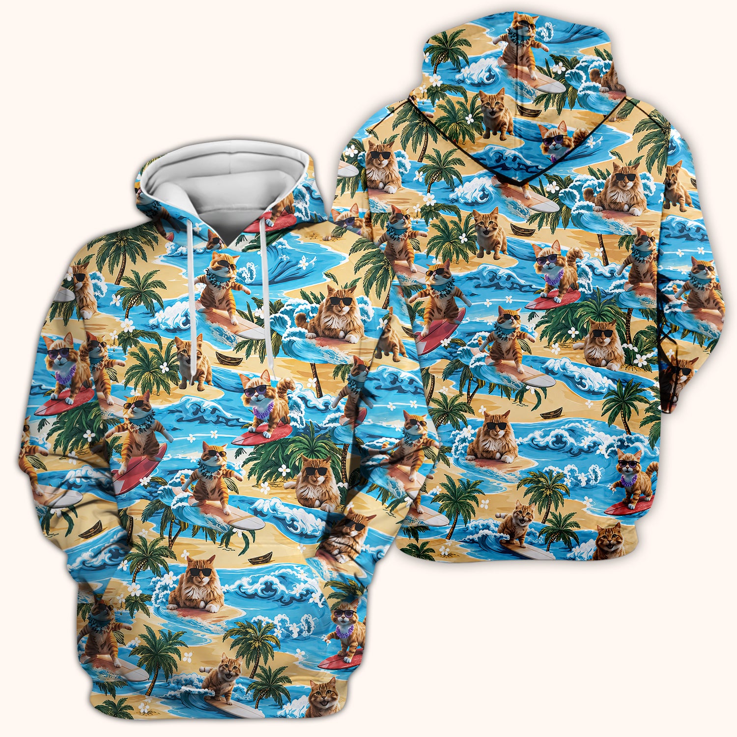 Tropical Surfing Cat with Beach Wave Island Print Scrub Top, Comfortable Scrubs for Nurses